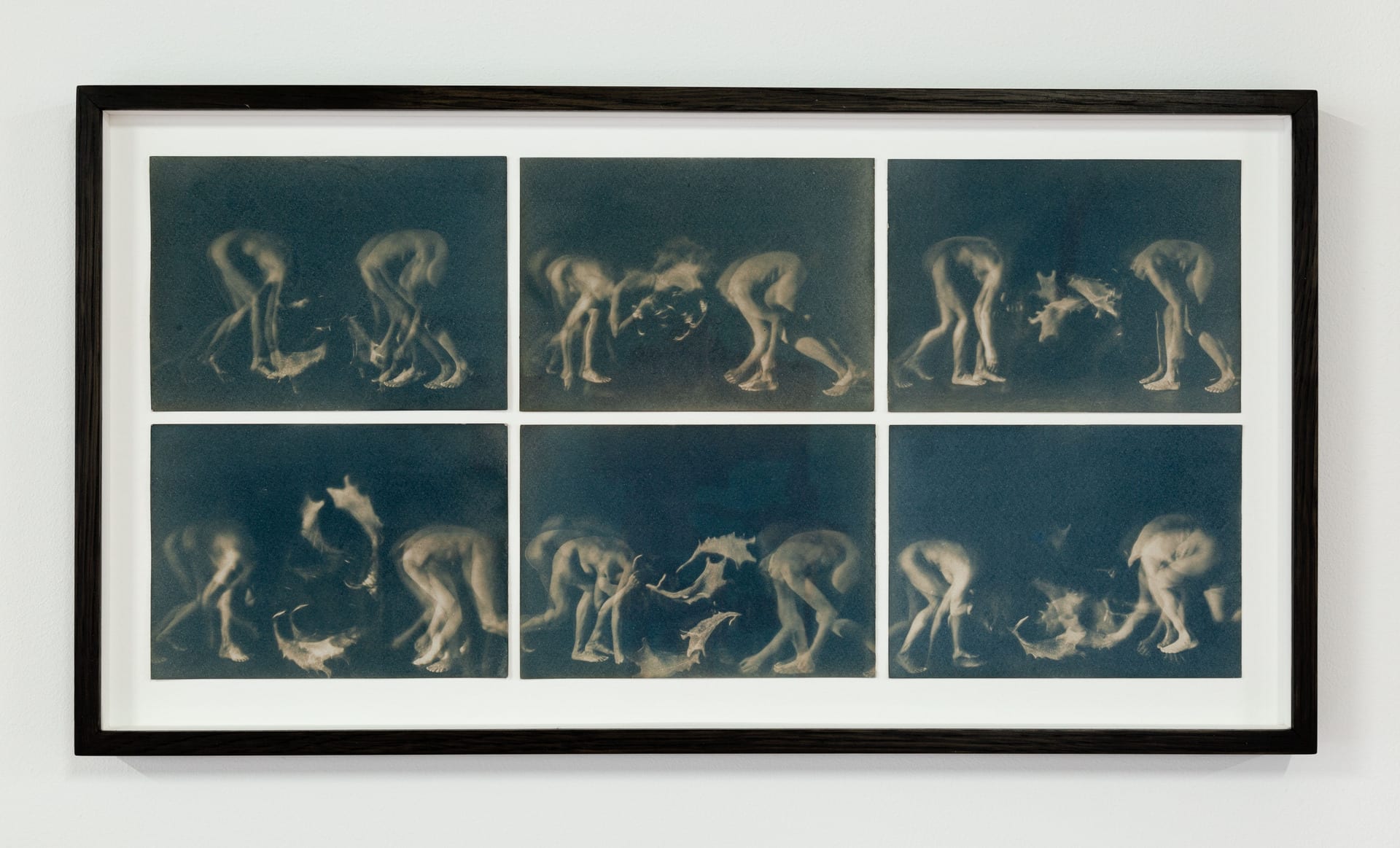 a frame containing six photographs of a woman pretending to be two stags rutting