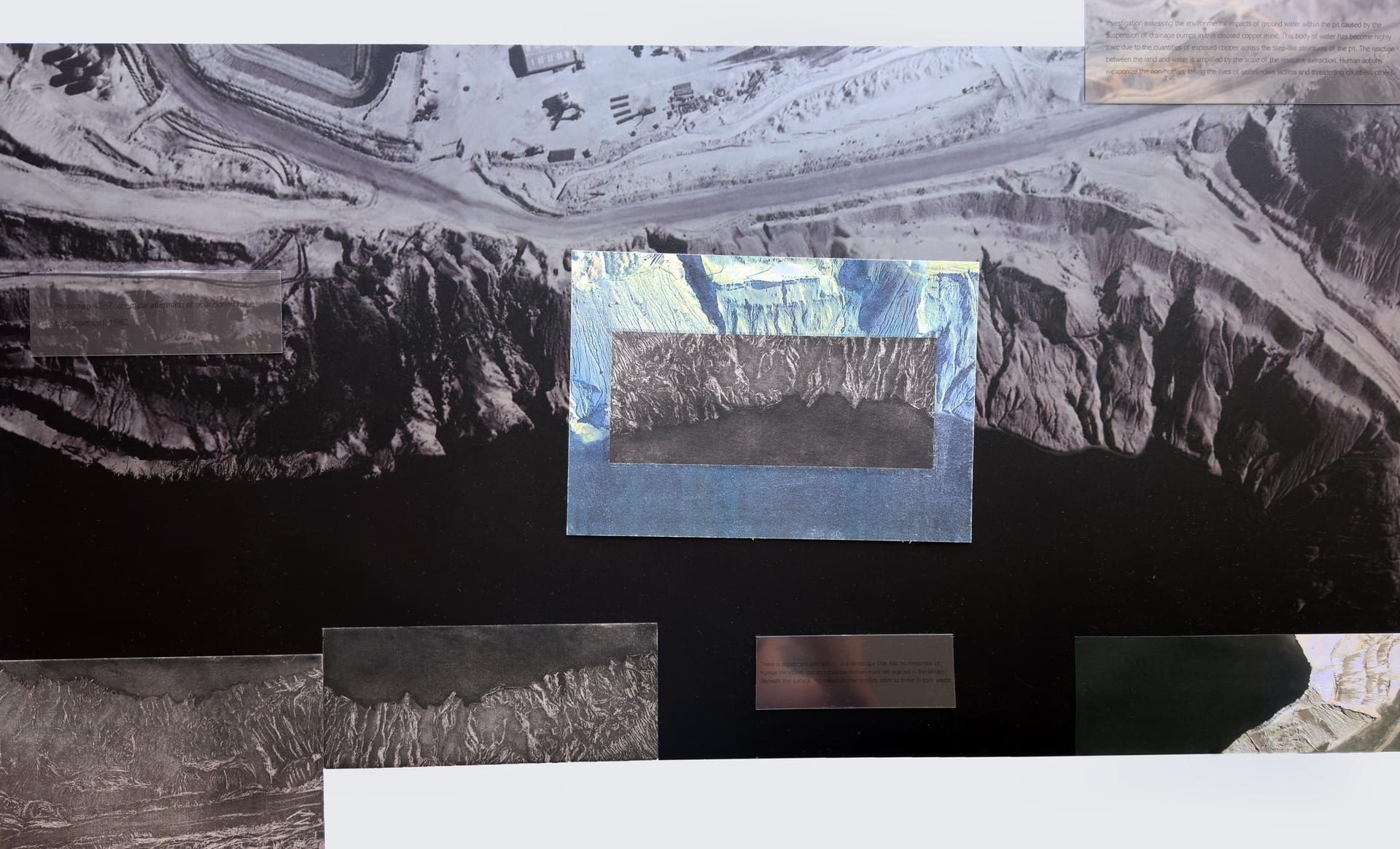 Three etchings, digital prints on paper, and text printed on acetate, overlaying a UV print of a mine on a steel sheet.