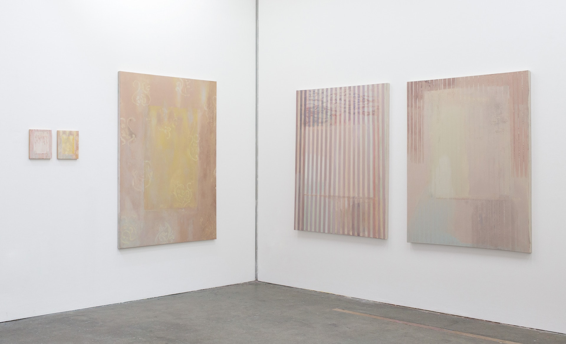 installation view of two small and three large paintings of wallpaper