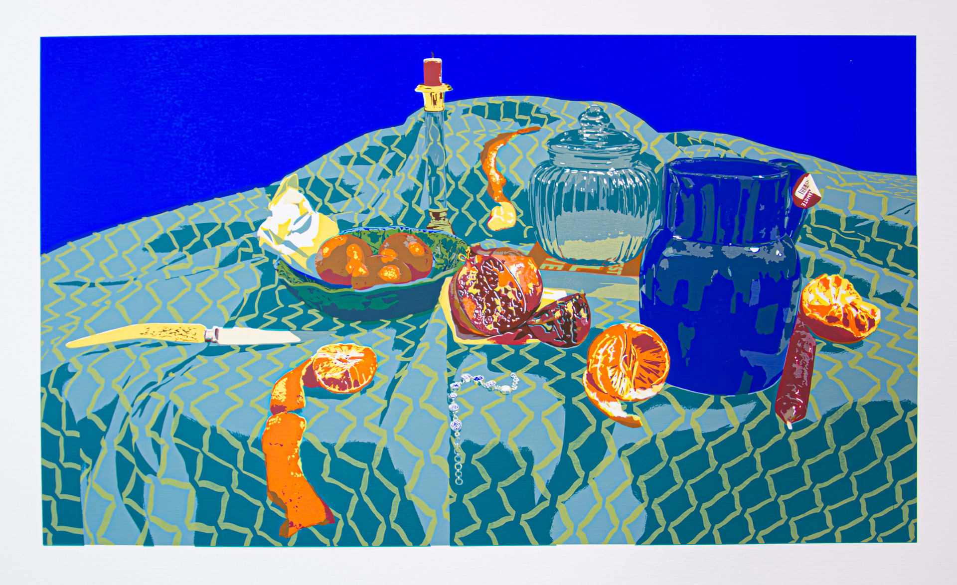 A screenprint of a still life with oranges and vessels on a teal patterned cloth against a bright blue background.