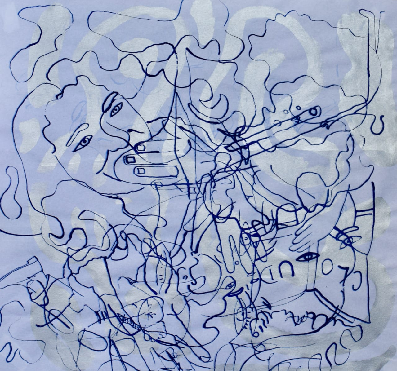Blue overlaid outlines exploring "eating the cloud" are printed over silver clouds on a grey background