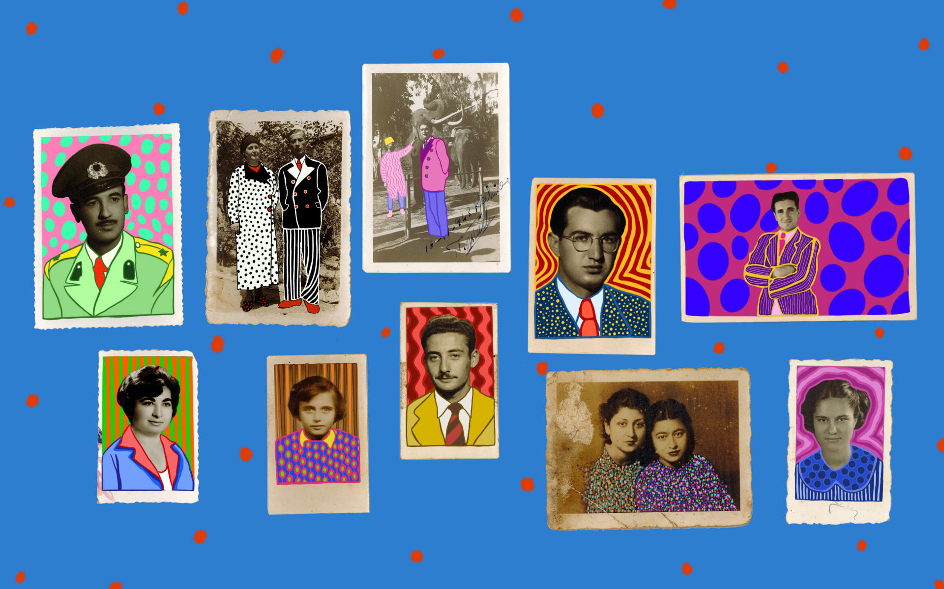 Eleven vintage photographs of unfamiliar faces scanned and digitally drawn by adding colors, patterns and lines.