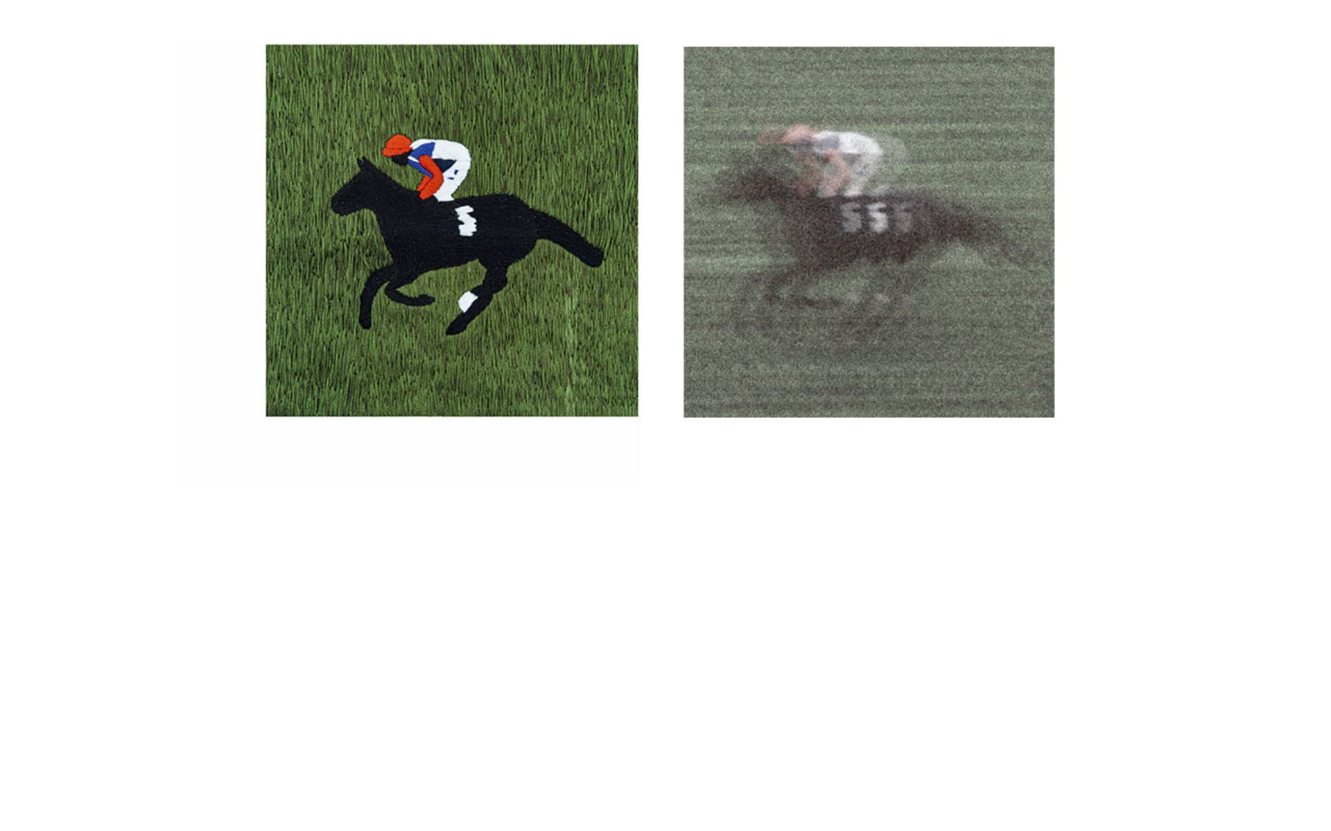 The image on the right is: Three photos of horses stacked together. The image on the left is: I turned the image on the right in