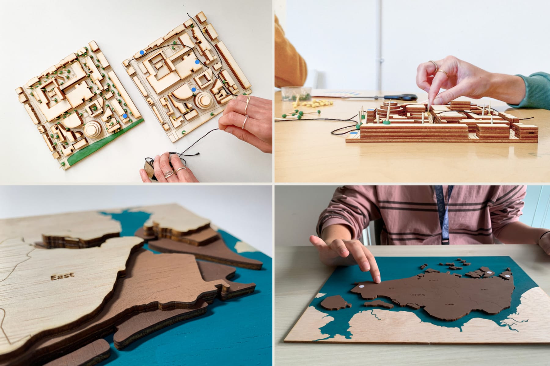 A series of photos showing two different sets of map-based boundary objects used for place-based workshop.