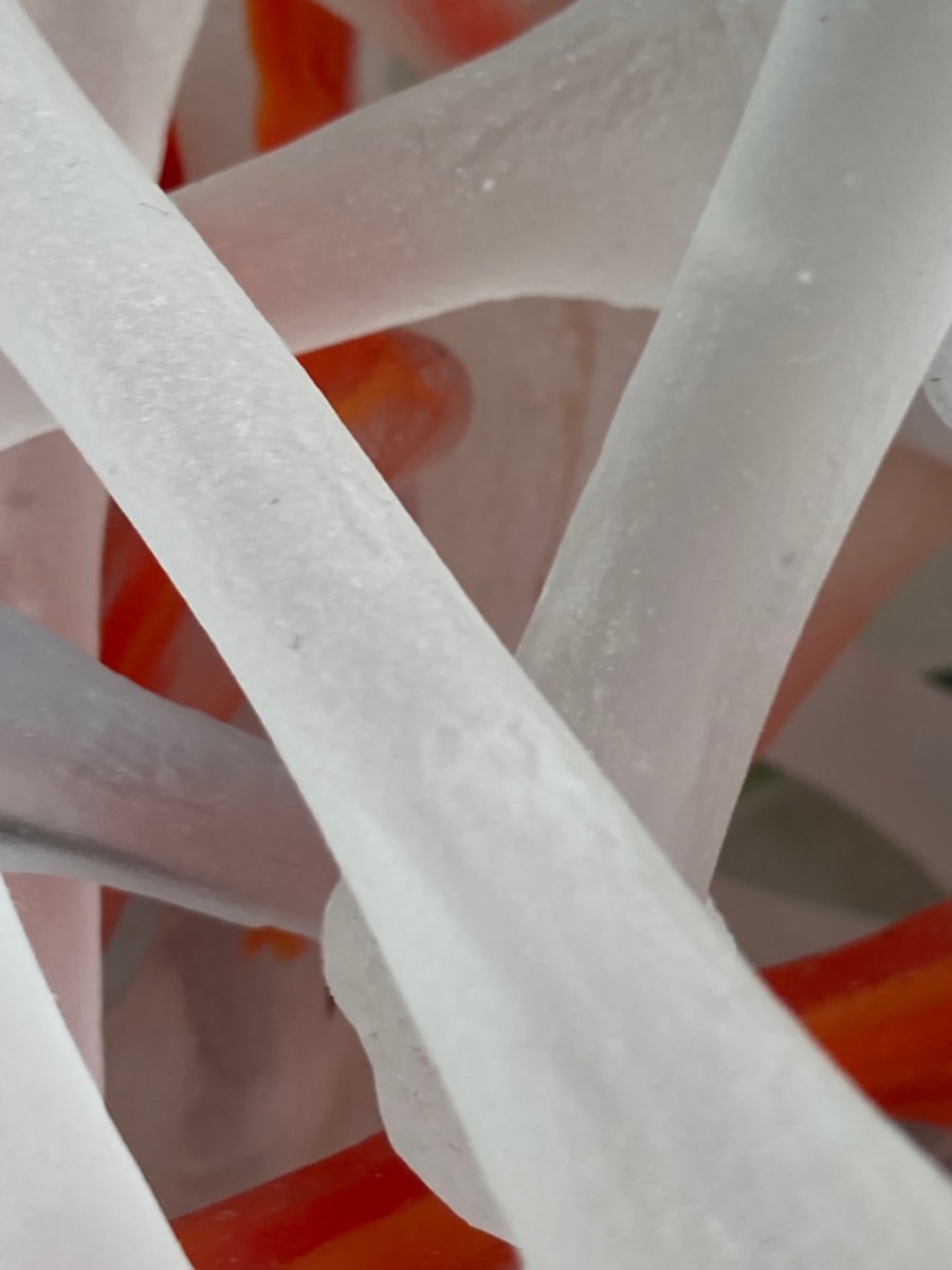 close up of overlapping glass bones in clear and red glass  