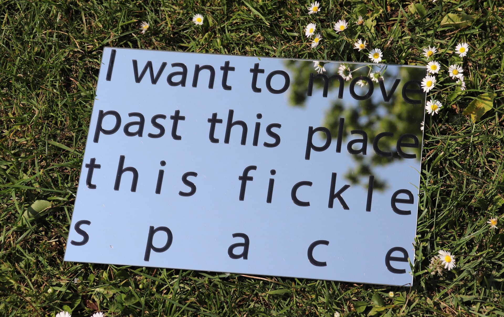 A mirror propped in the grass with text on it