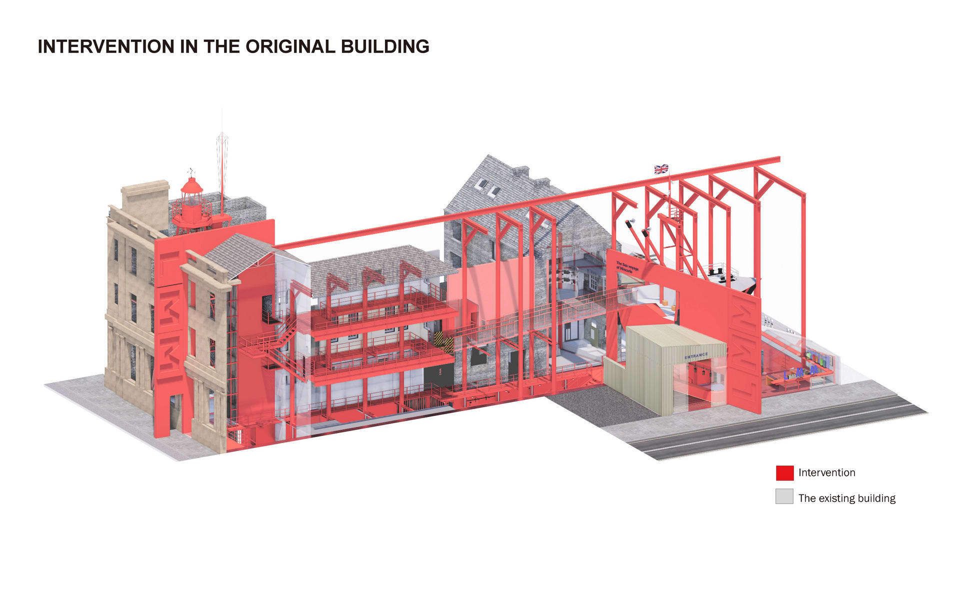 The red part is my change and addition to the original building. I added two walls and raised the existing one to emphasize the main road. 