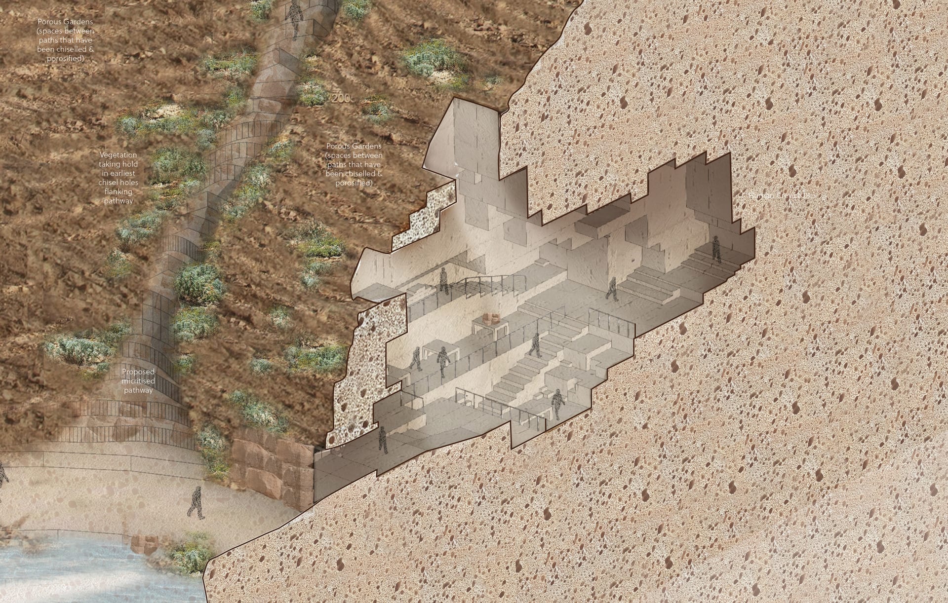 Sectional Axonometric perspective of Human Crevice 01 in Context