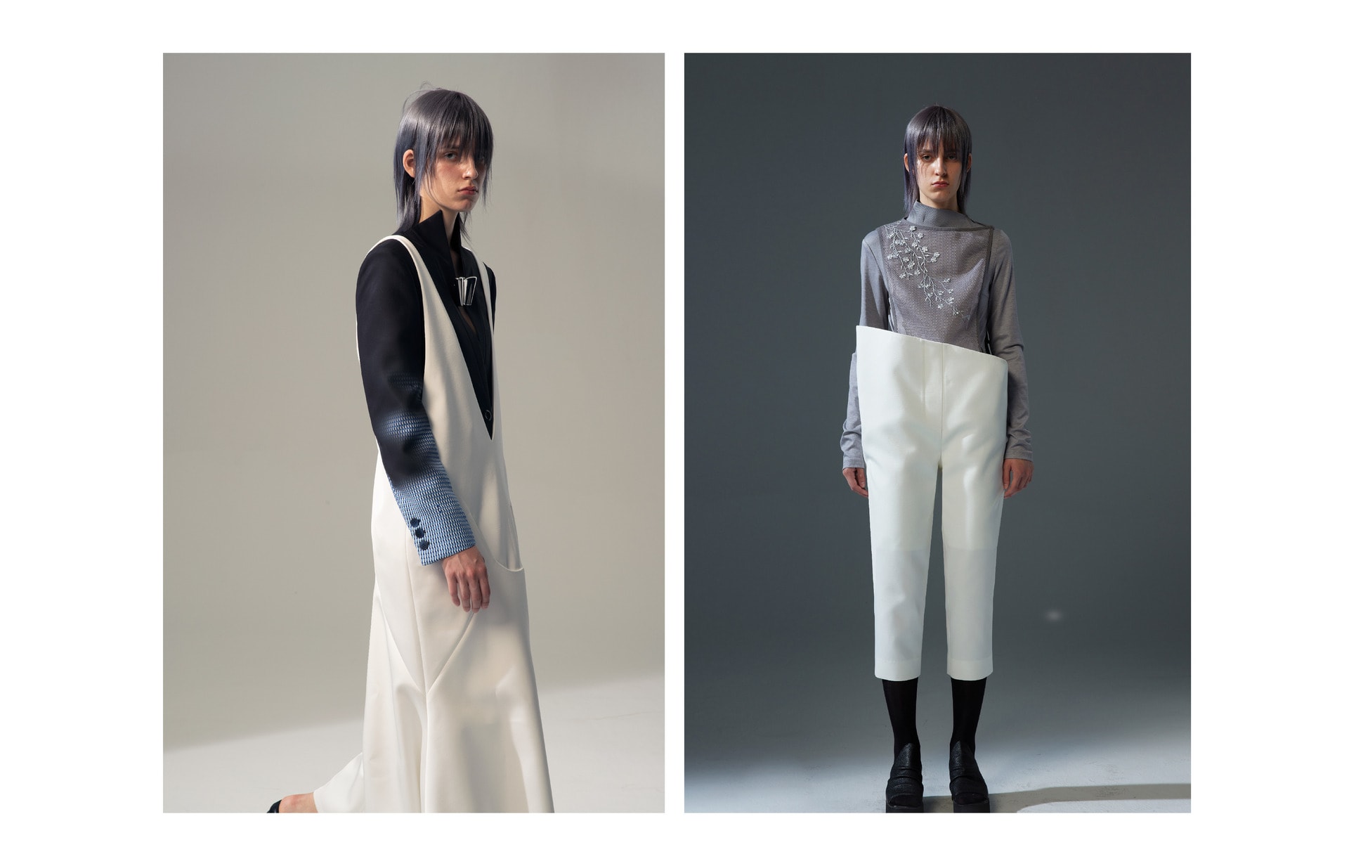 Irregular trousers and lmbroidered mesh vest