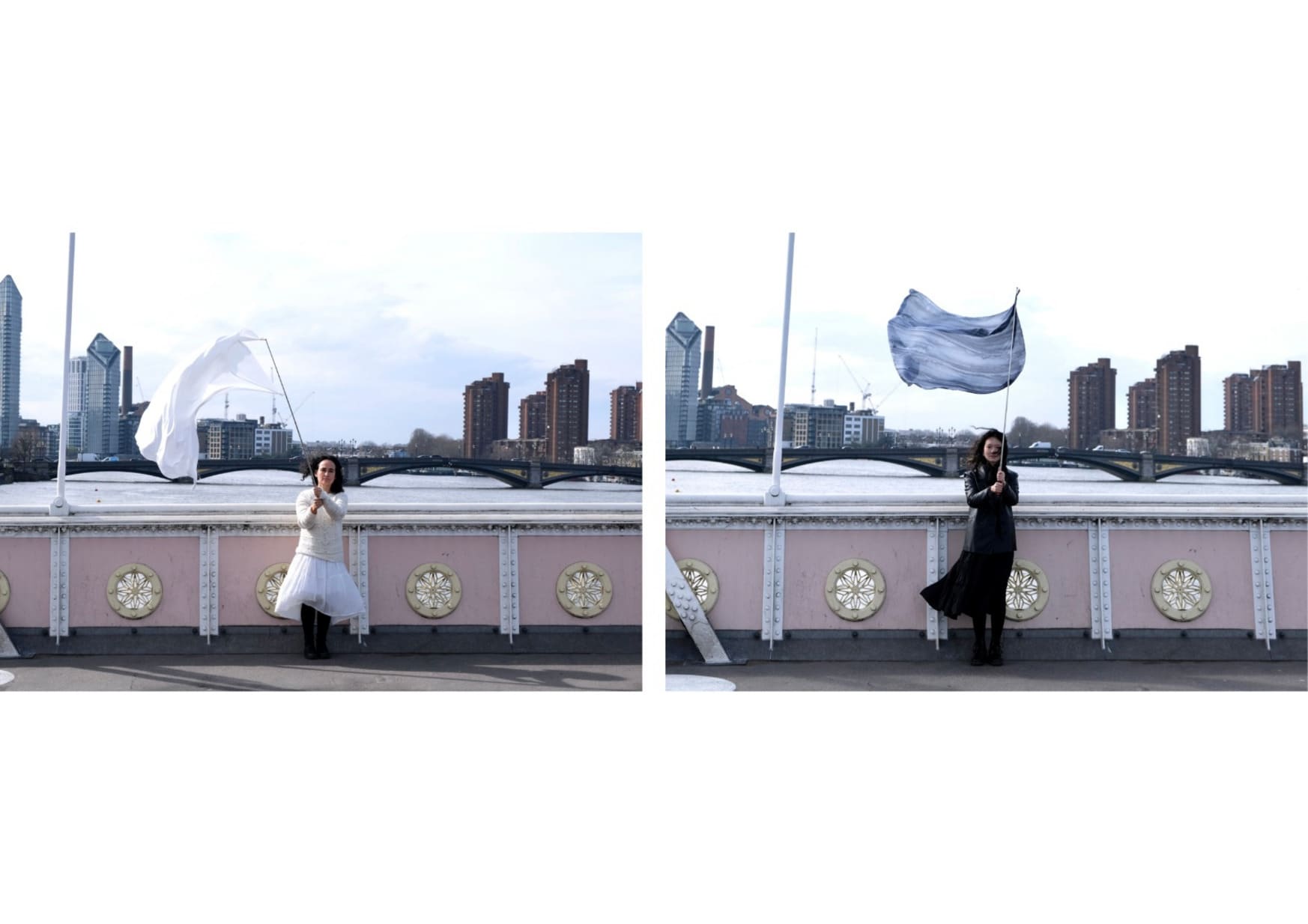 Two women holding flags, one white and one dyed black, on the Battersea Bridge