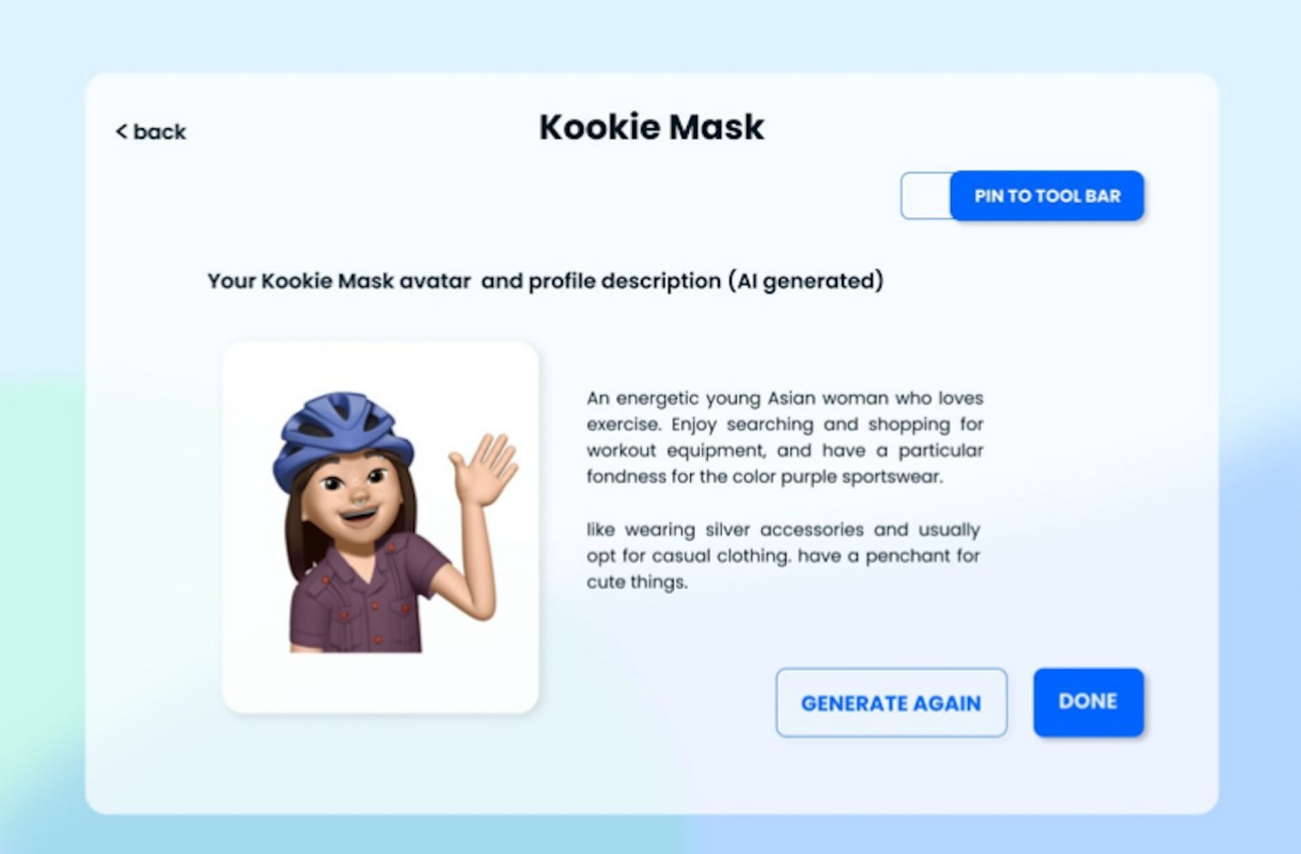A pop-up tab with a three dimensional cartoon character with brown long hair and a blue hiker hat waving at the viewer.