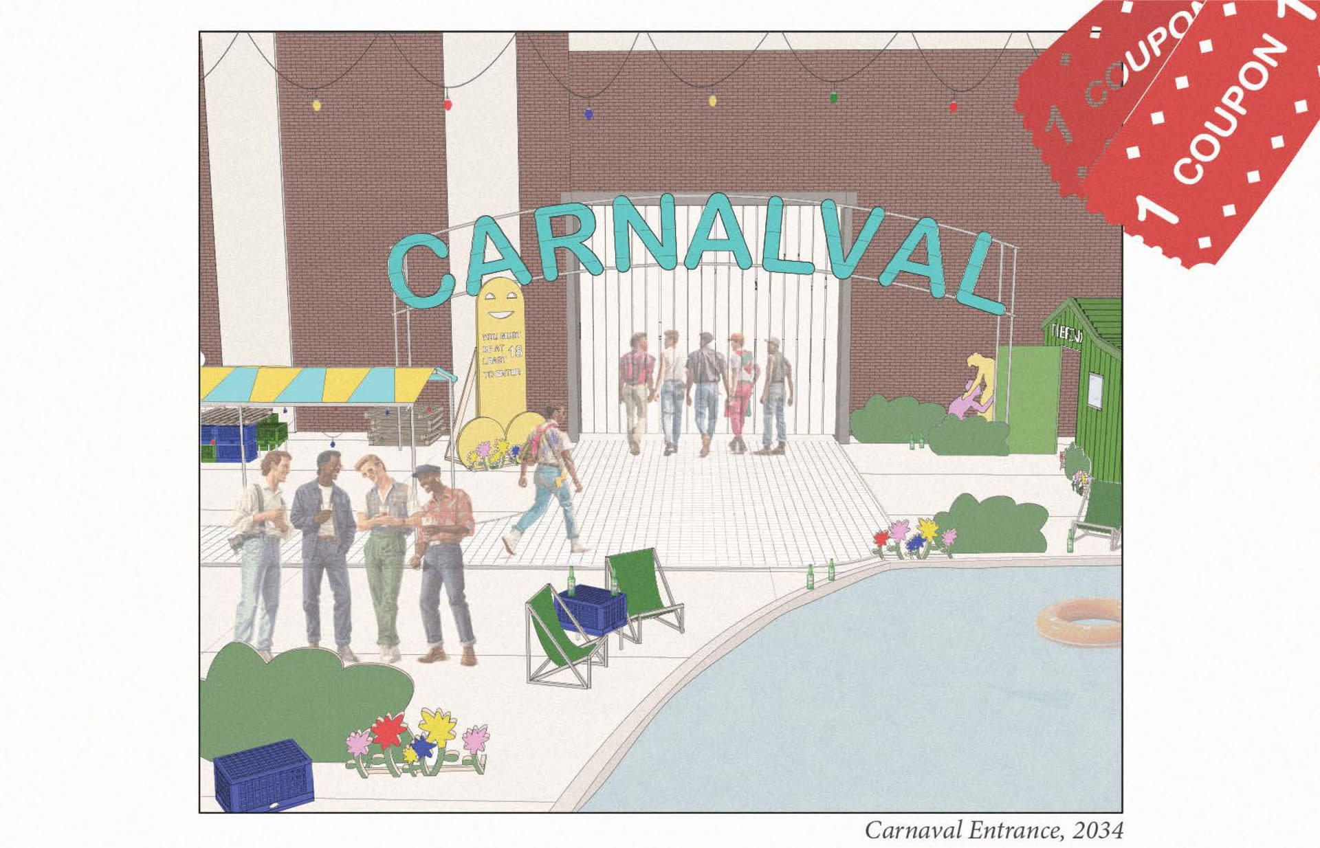 Commemorative Carnalval Postcard illustrating the entrance to the fair, circa 2034