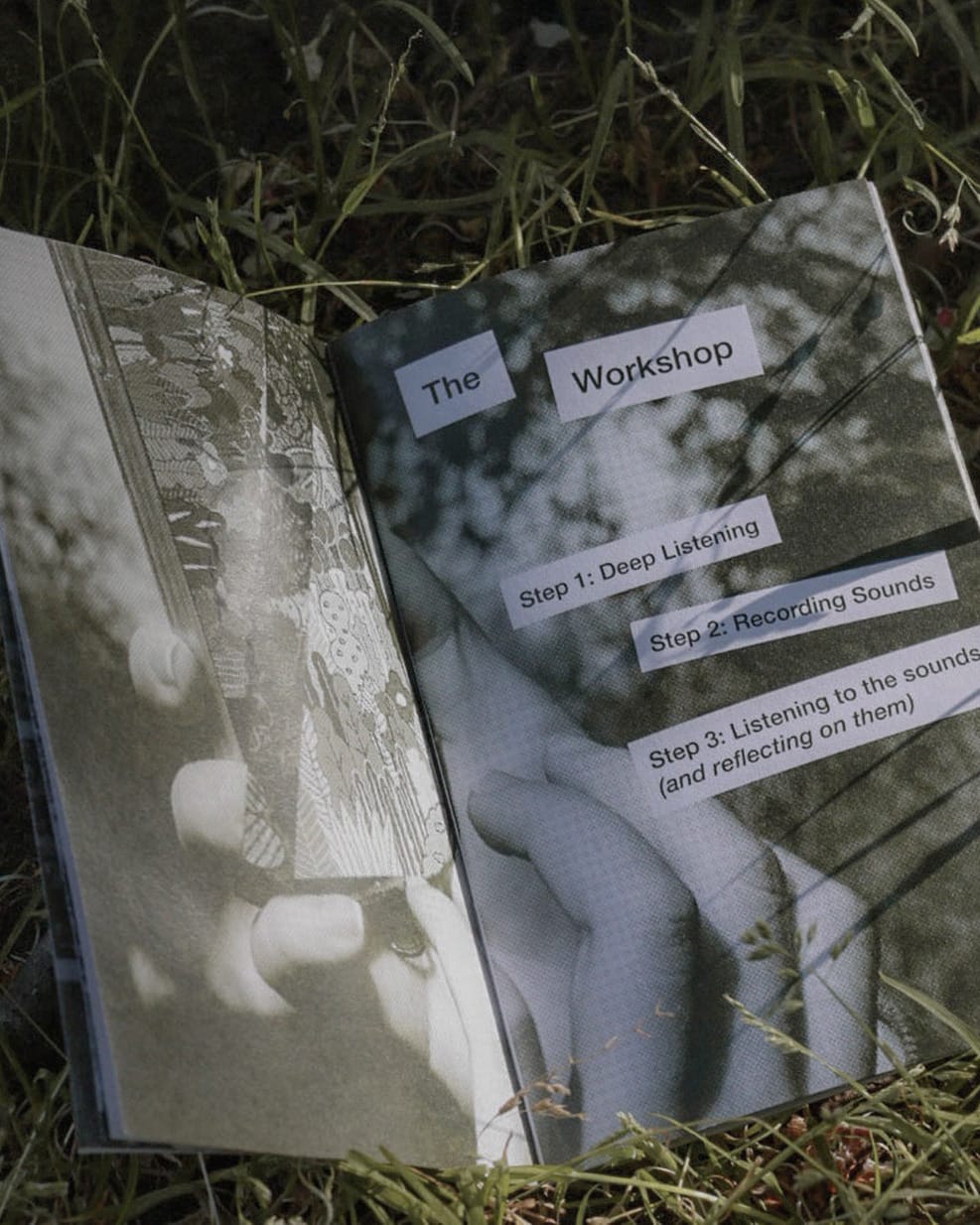 A double page spread of a printed zine with an olive green collage of hands holding a phone across the background.