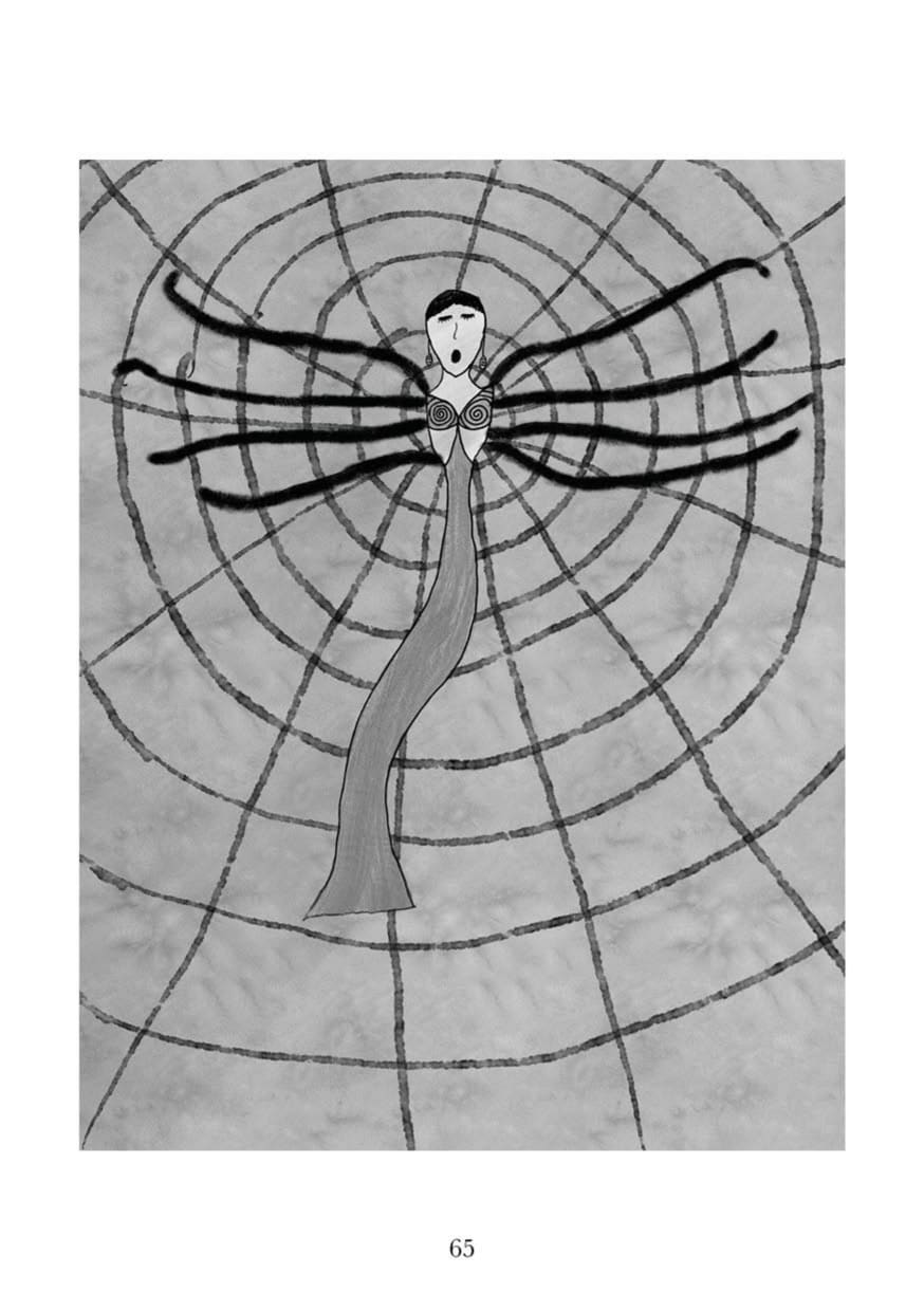 An illustration of the monster, Arachne, laying in her web with her 8 arms stretched. She is wearing an elegant dress.