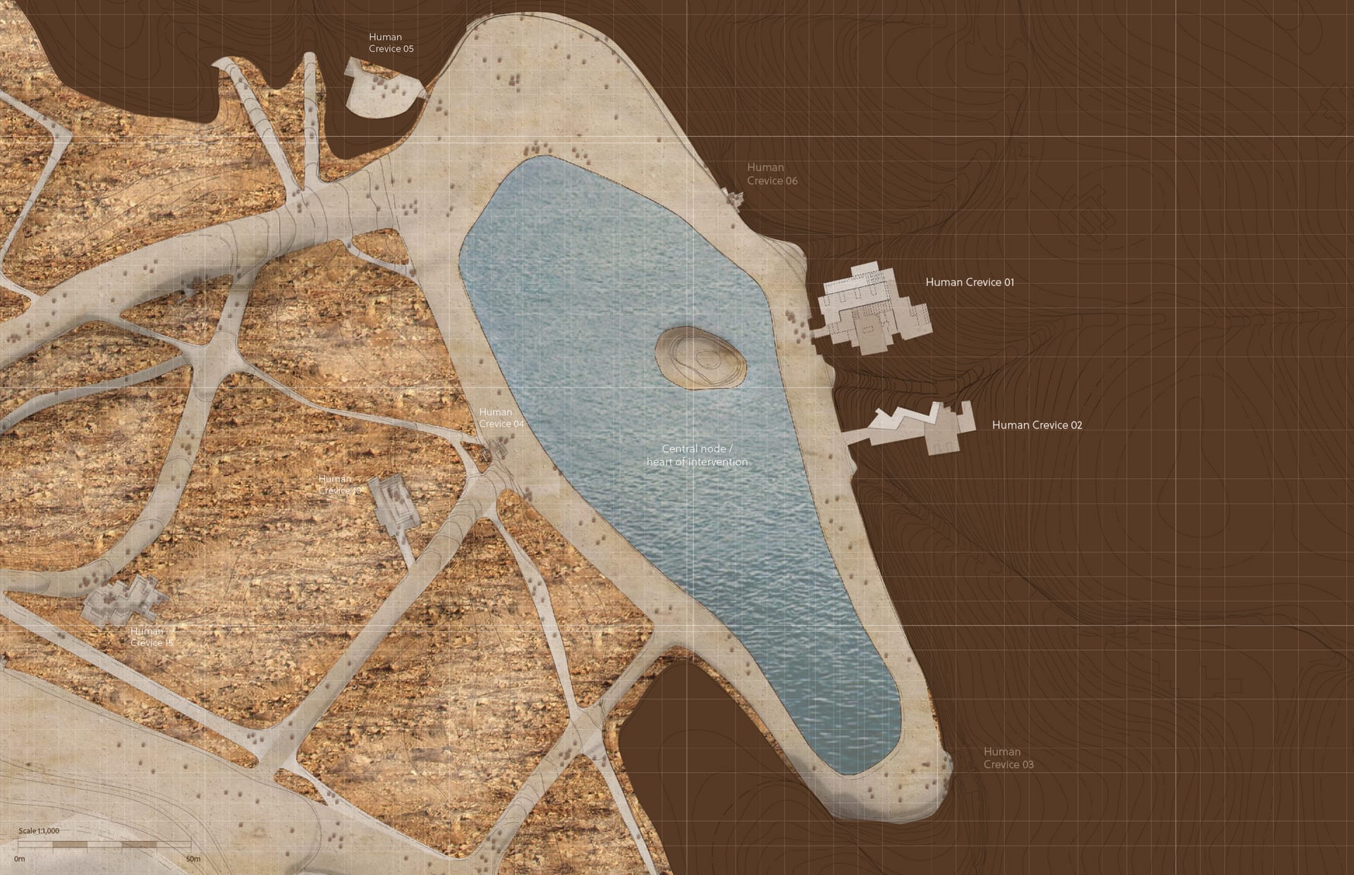 Proposed intervention - plan showing heart of site cut through topography to show internal human crevices