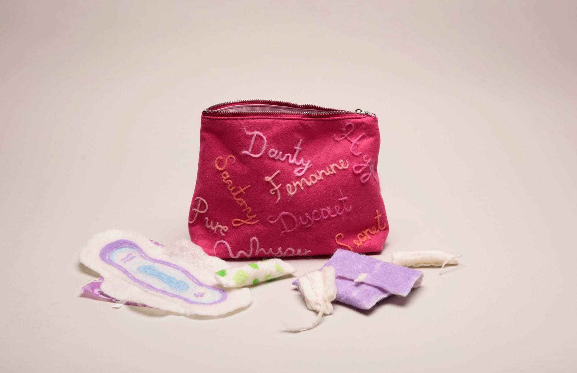 Photograph of felted sanitary products and bag 