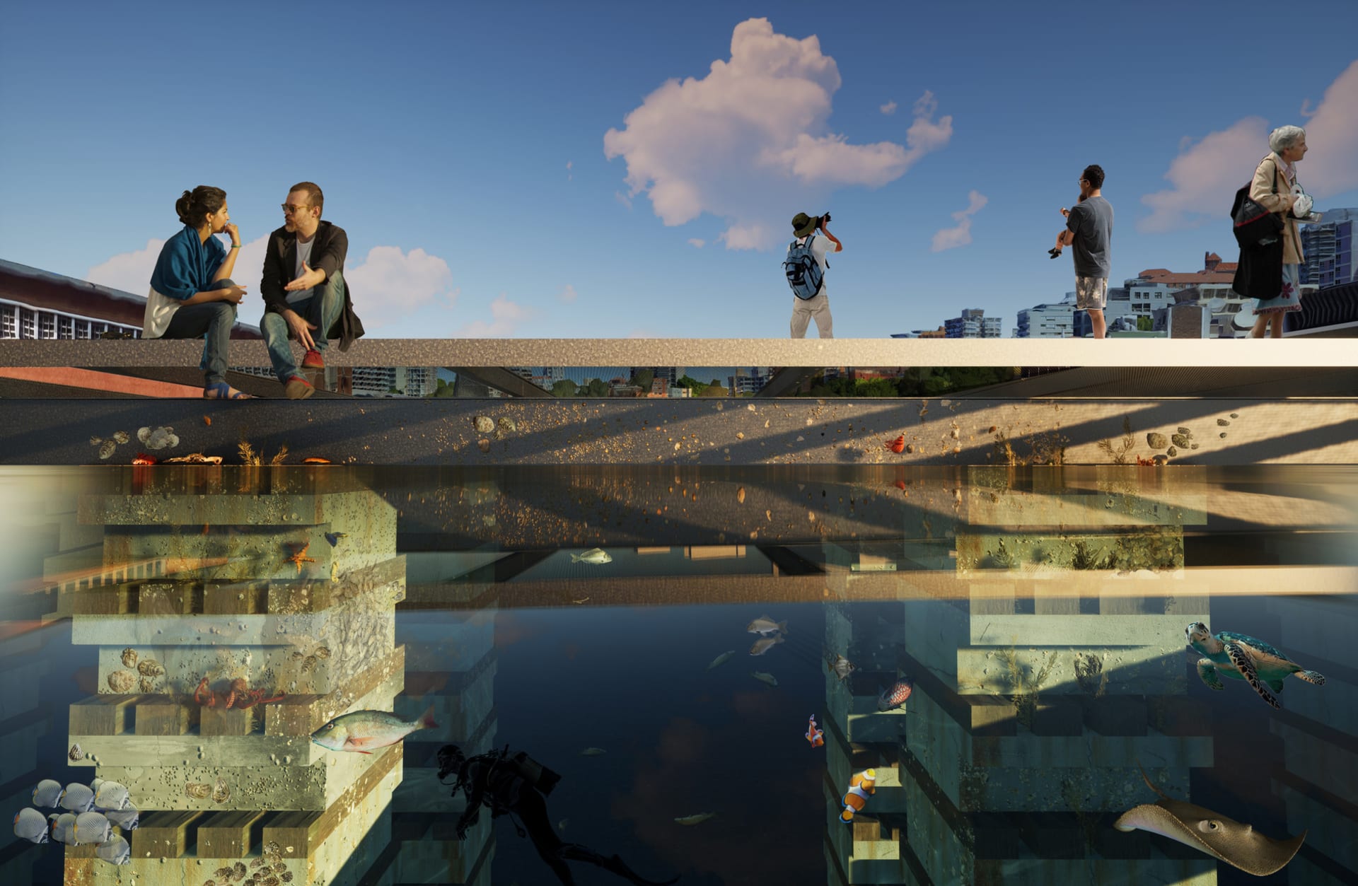 Render showing interspecies bridge, with people sitting above the water, and oysters, fish and other marine life submerged below