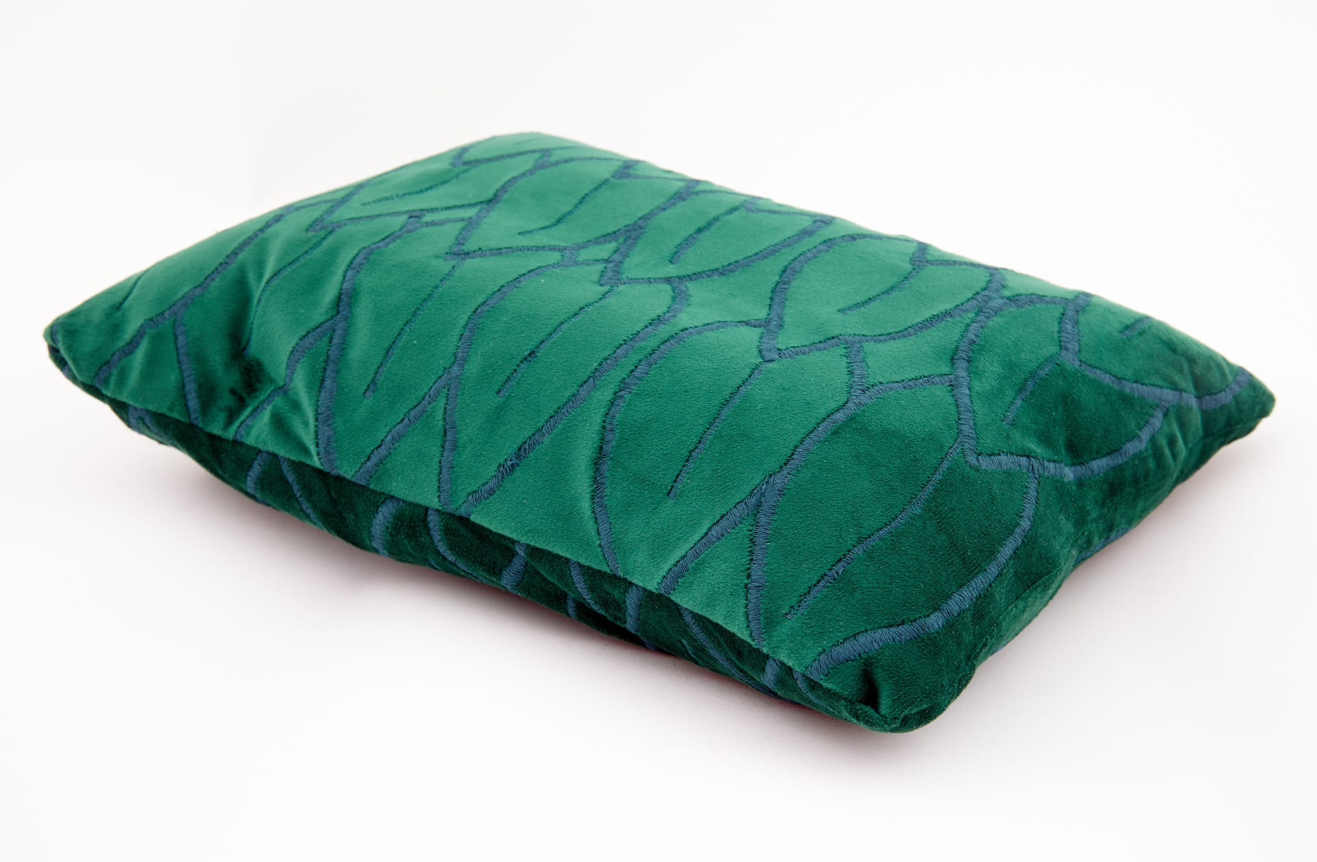 Green velvet cushion with pomegranate leaf embroidery