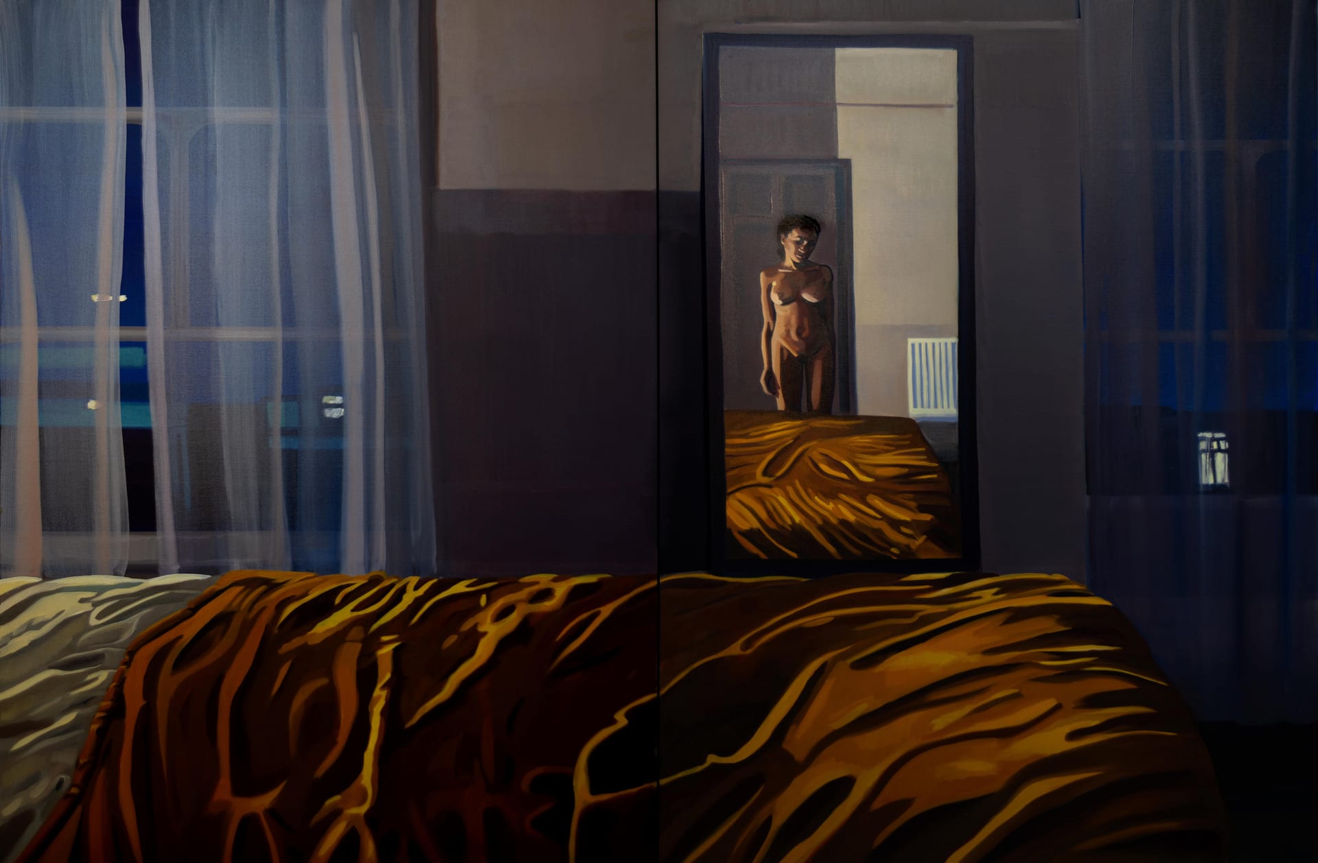 Rumpled yellow bed with a mirror in the background displaying a nude woman. In the background windows with linen curtains.