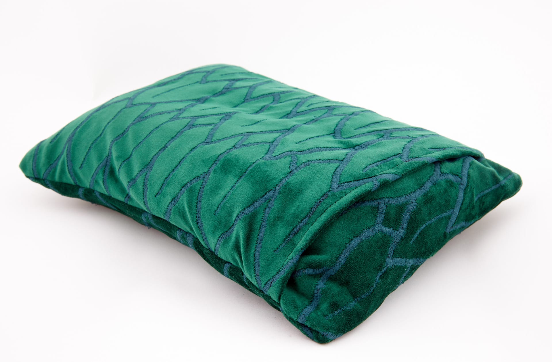 Green velvet cushion with pomegranate leaf embroidery