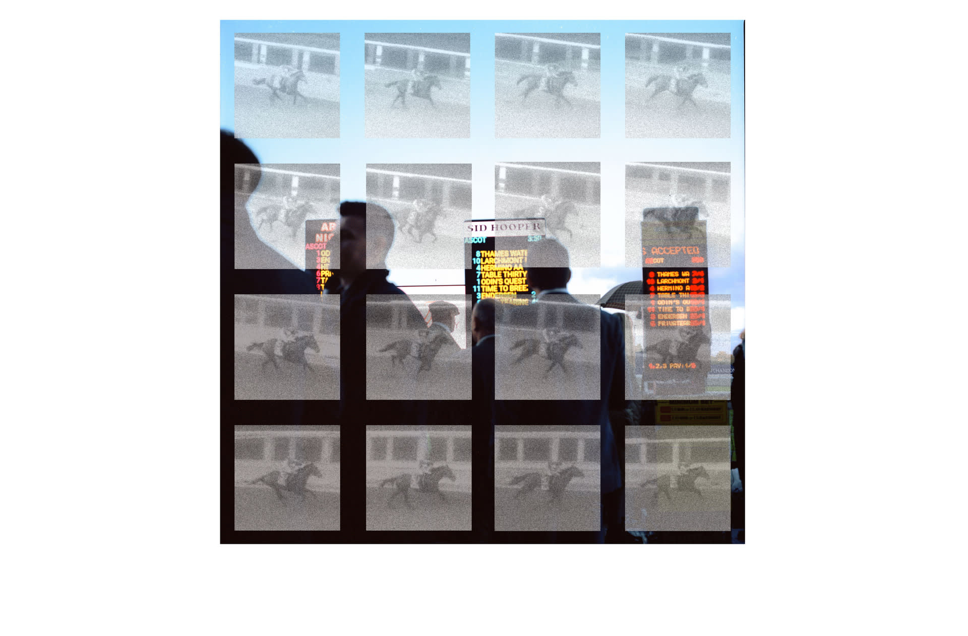 Back view of man gambling at racecourse with 16 black and white photographs of horses on top of background