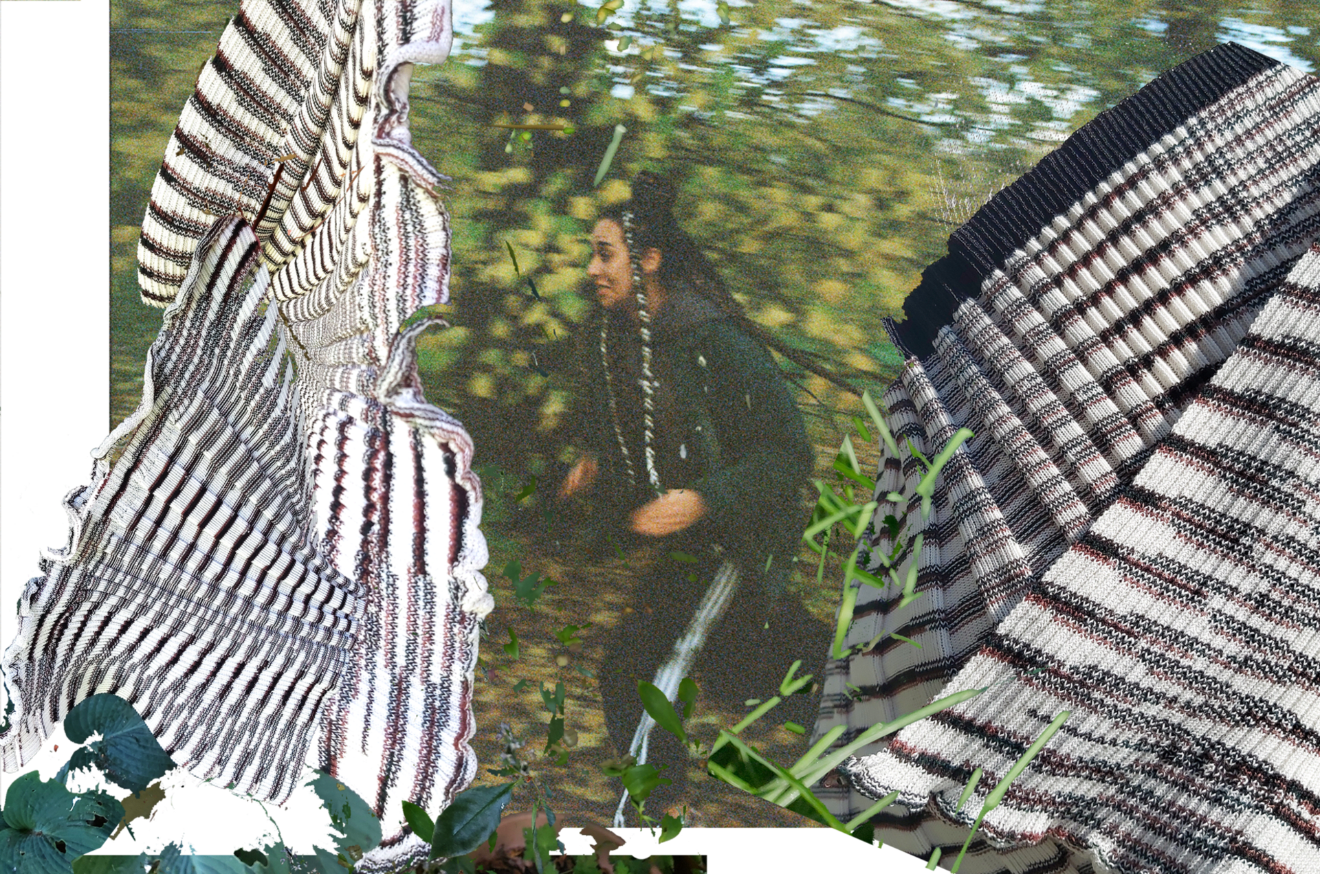 A collage of a runner passing through trees, and hanging knitted ribbed samples displaying a kinetic zigzag pattern.