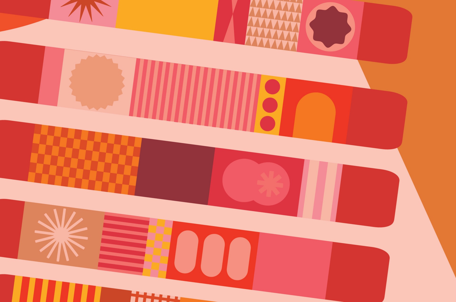 A digital design compromised of warm shades of pinks, oranges, browns and yellows. It is a combination of shapes and patterns.
