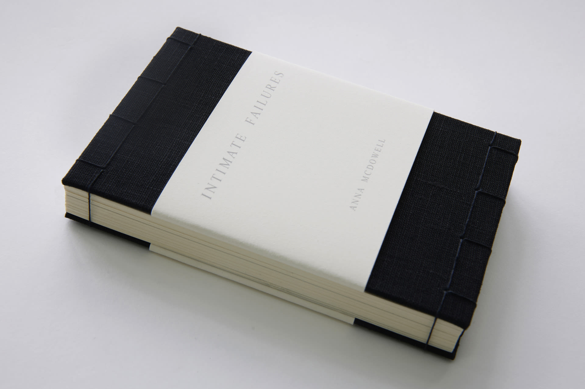 Artist book with black linen covers, side sewn edges and title on white paper wrapped around the cover 