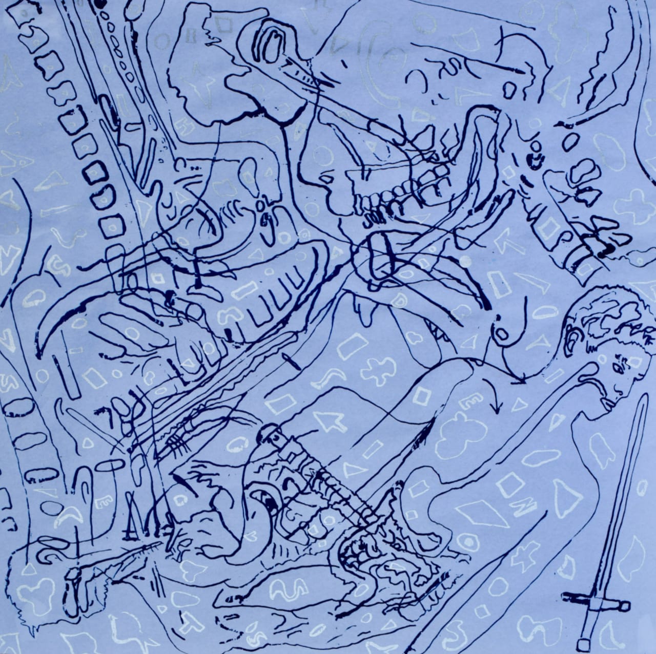 Photograph of screen-print: navy blue outlined figures with silver abstract shapes representing inserted nano bots