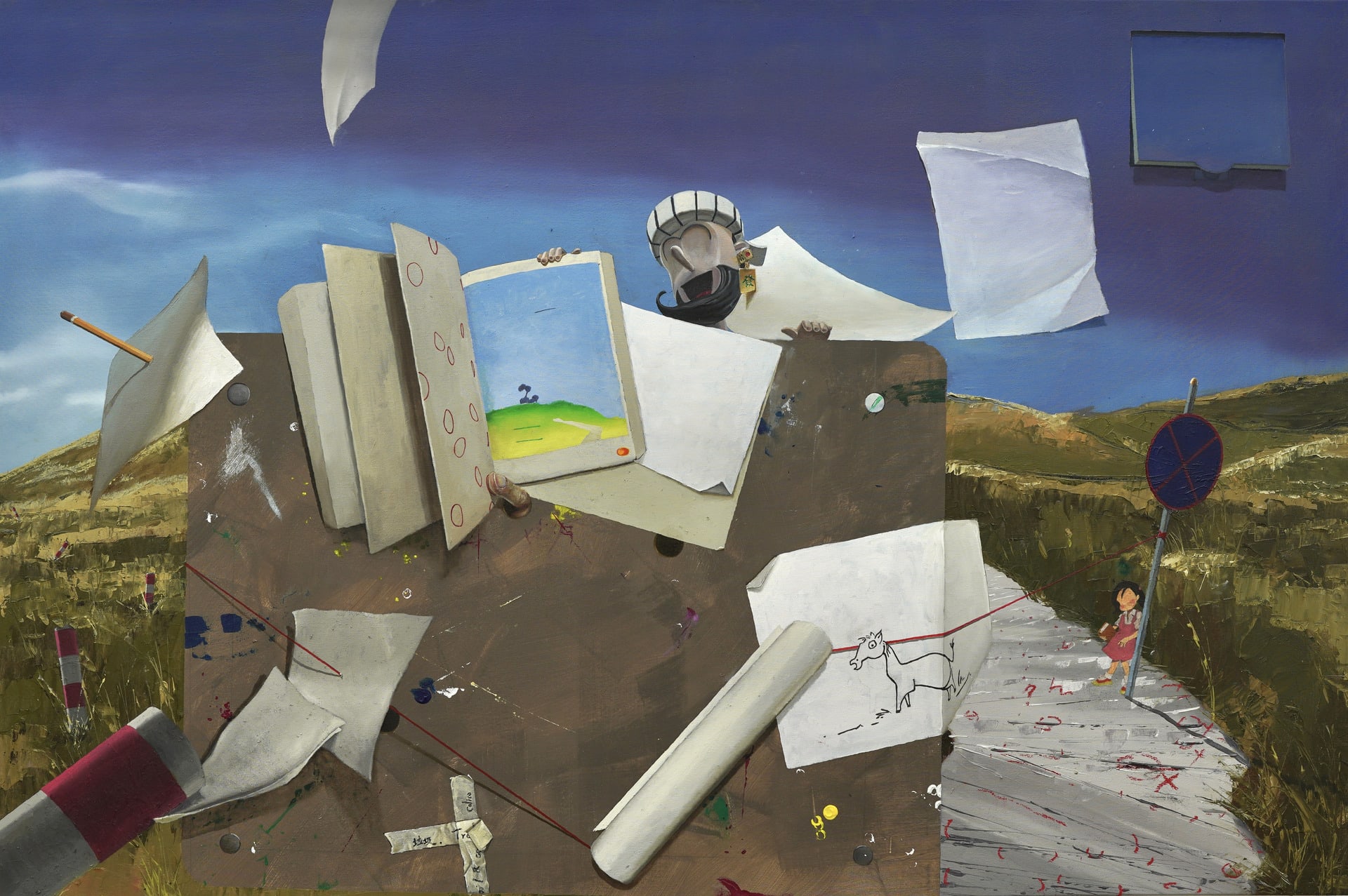 a weird painting with flying pages and a plastic man wearing golden earring