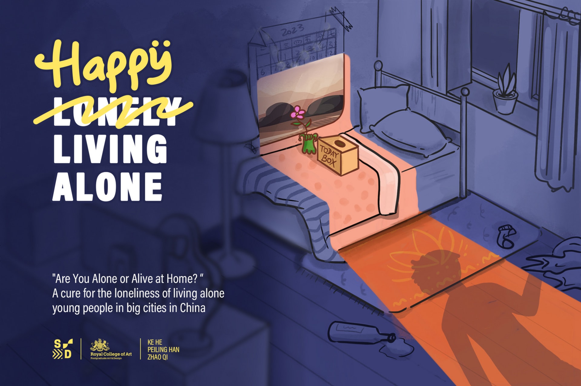 This is a poster about 'Happy Living Alone.' It depicts a person entering a room through a door, and as they step into the dimly