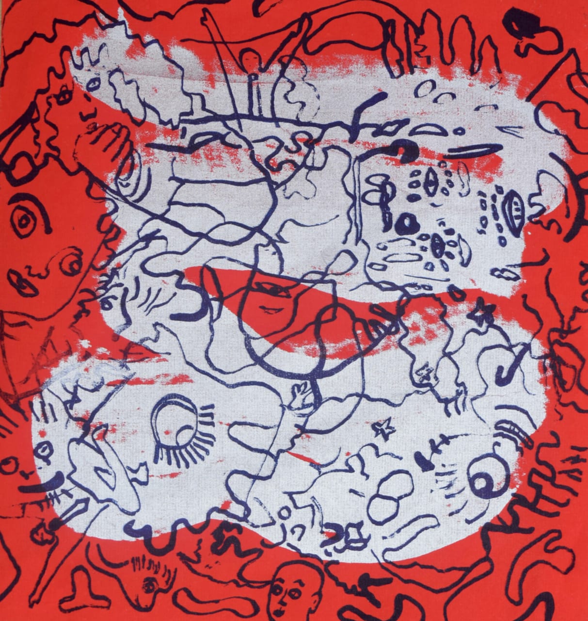 Photograph of screen-print with navy blue outlines, silver cloud, printed on letterbox red Chinese rice paper