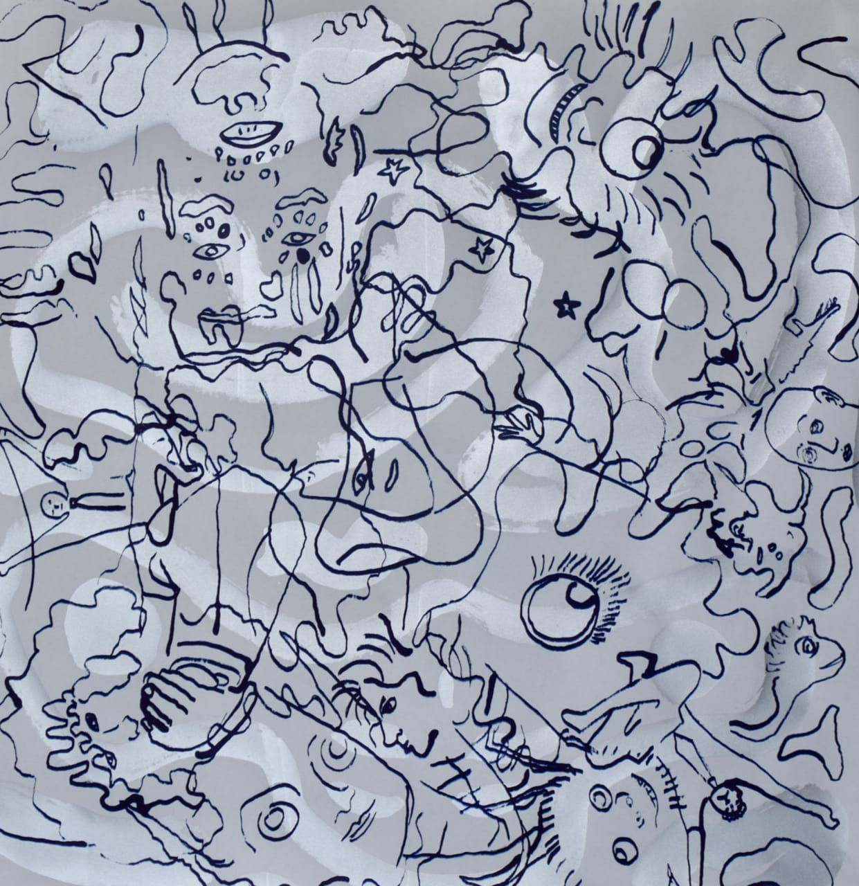 Screen-print on grey paper, blue outlines and silver cloud shapes.