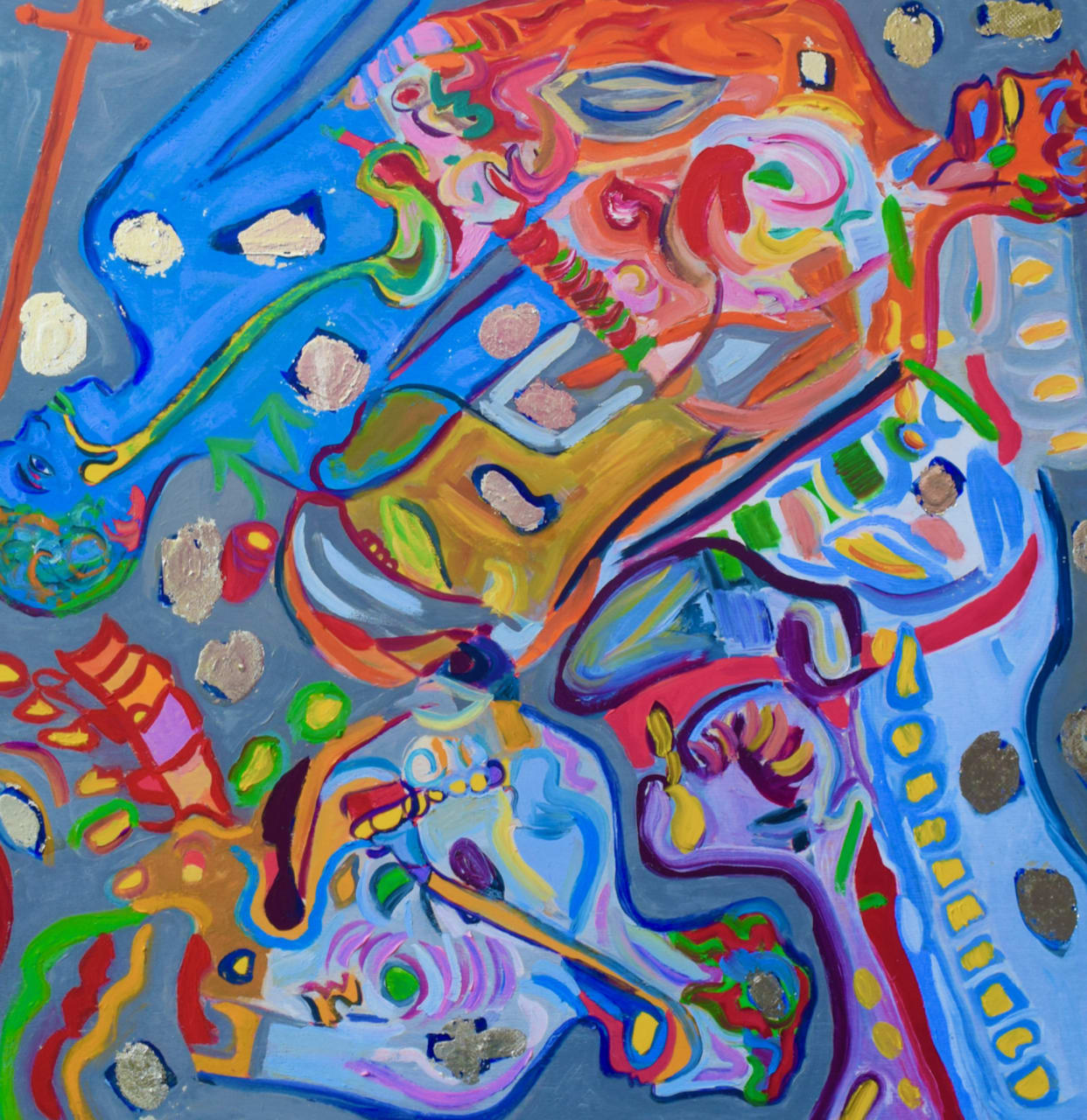 Multi coloured figures with silver highlights