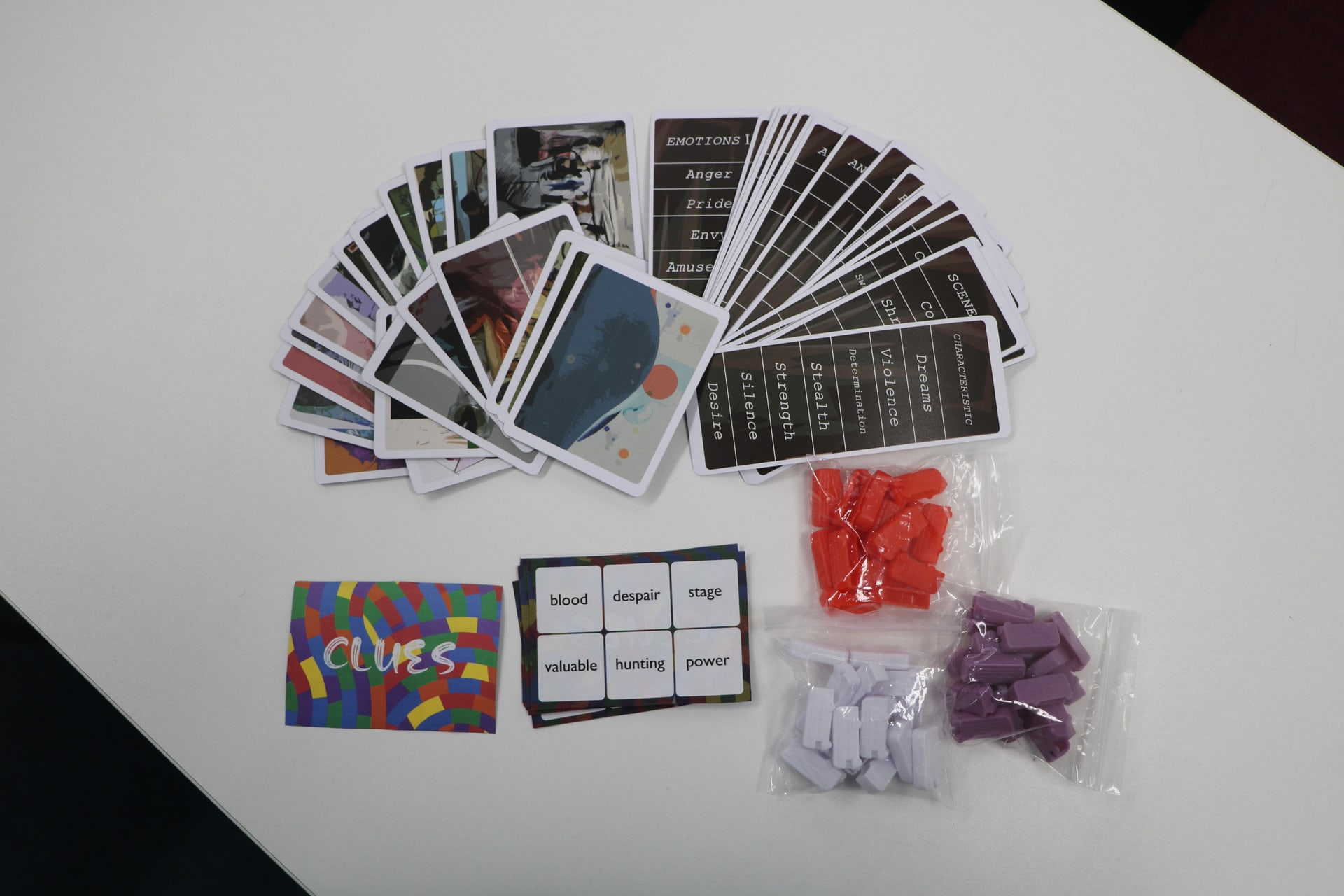 Game cards, clue cards and chips