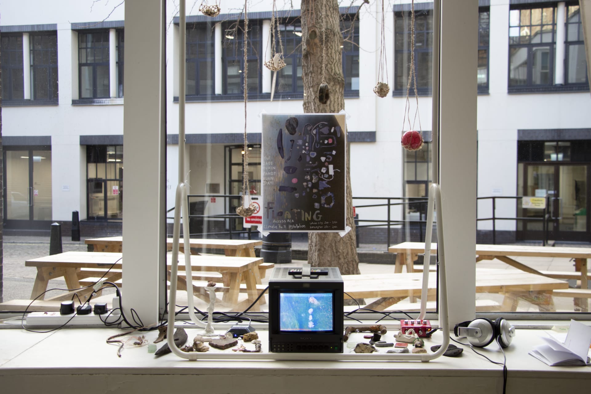 Exhibition at Kensington Campus, where the mud-larking objects and the video of fictional stories of 2050 were displayed