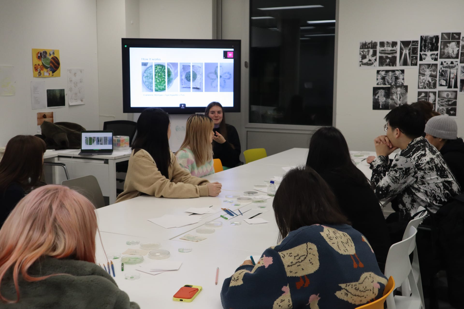 A group of students listening to a presentation about algae