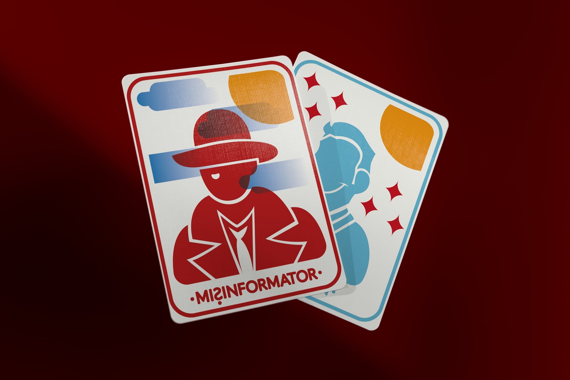 Mockup with two cards. Top has a mysterious figure and text saying 'Misinformator'. Bottom - a smiling one saying 'Civilian'.