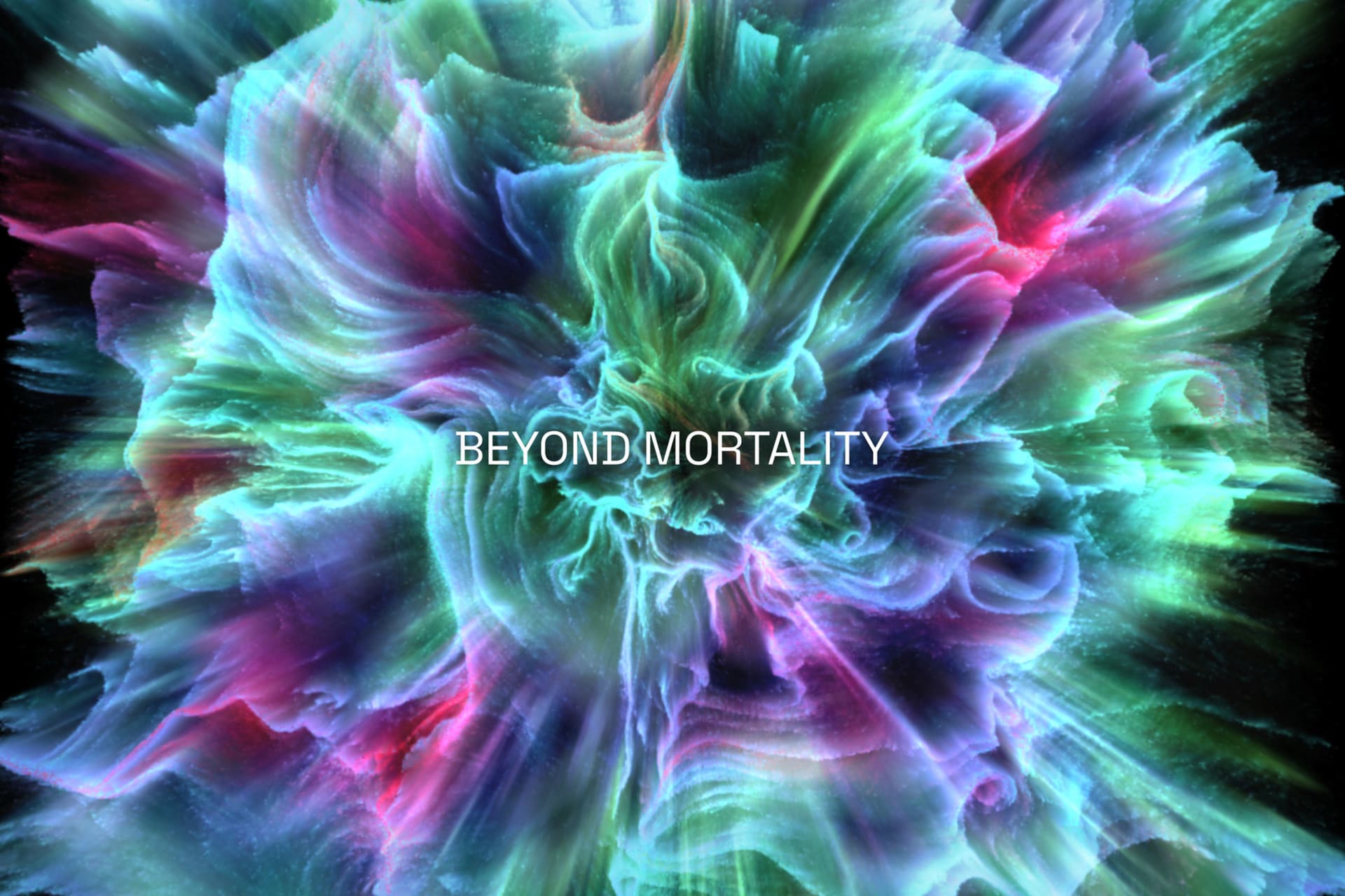 A neon, 3D bloom radiates in swirling blues, greens, pinks, and purples, with BEYOND_MORTALITY in white at the bottom.