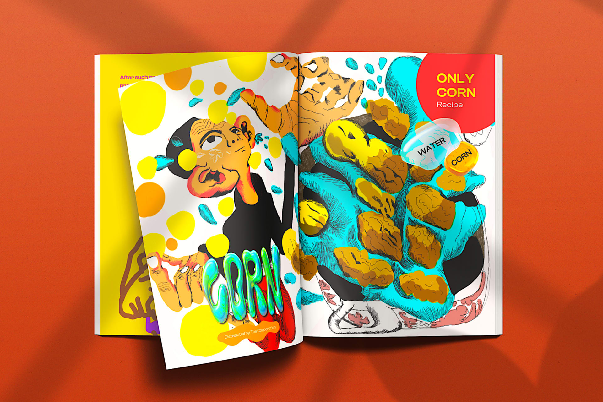 A magazine spread with colourful and whimsical illustrations about corn