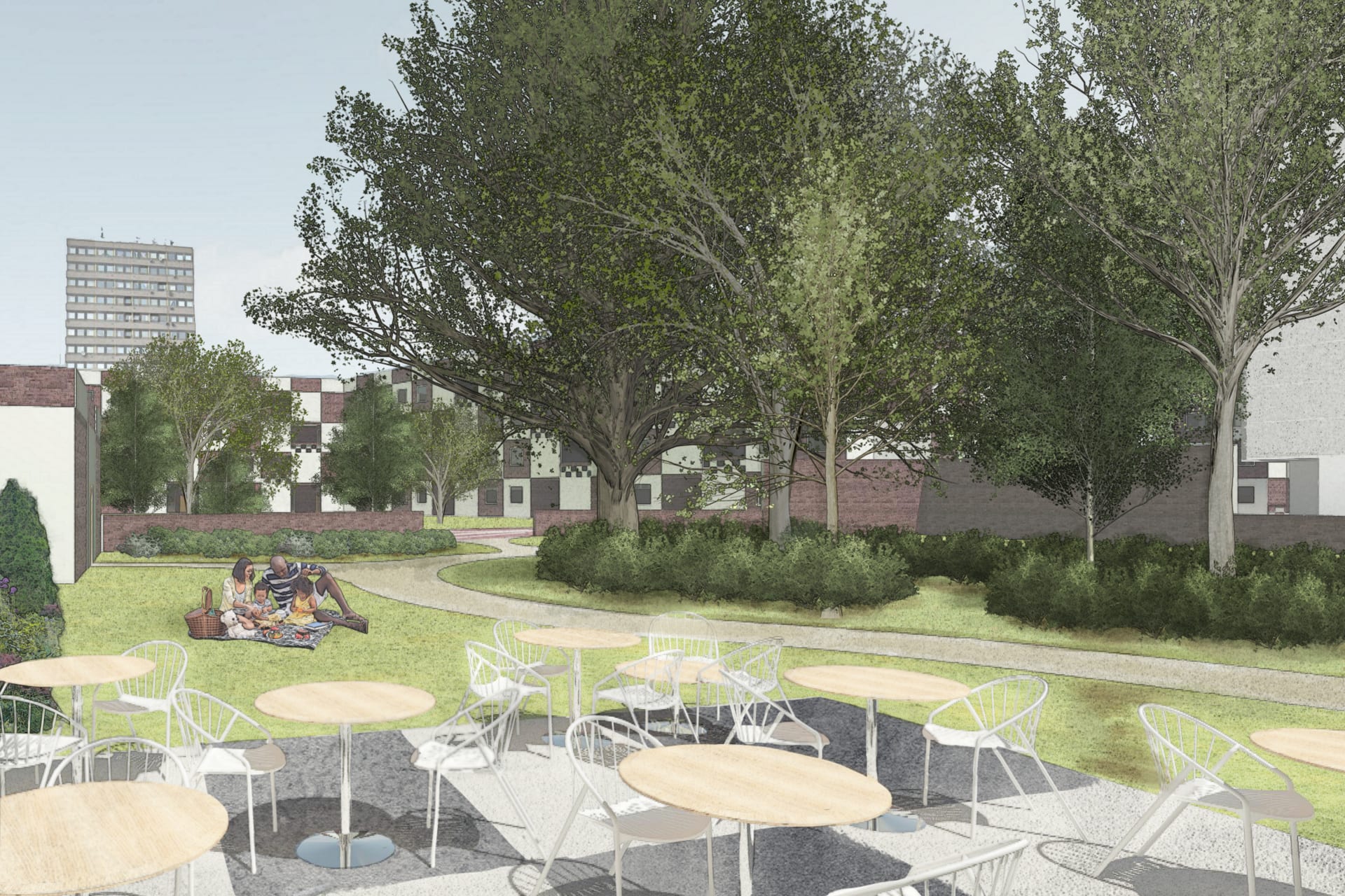 Perspective showing structured café and garden space within the park, within the 'walls', own work.