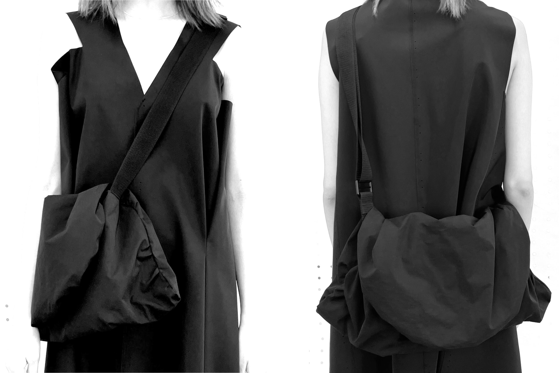 Two images of the black Puff fabric bag worn across the body by a model in a black dress