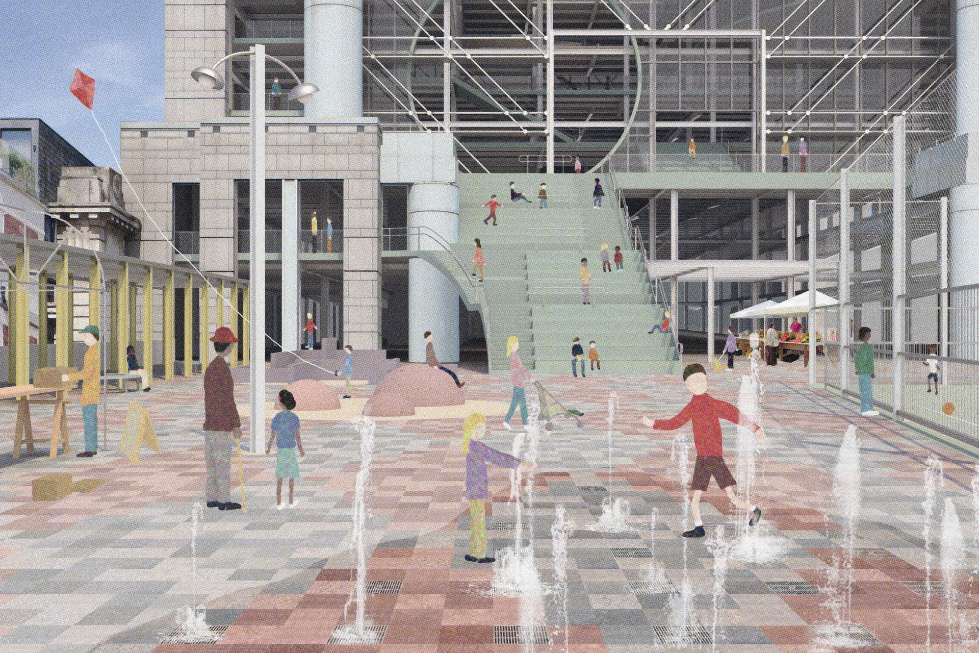 A staircase cascades down to the plaza beside the market hall entrance
