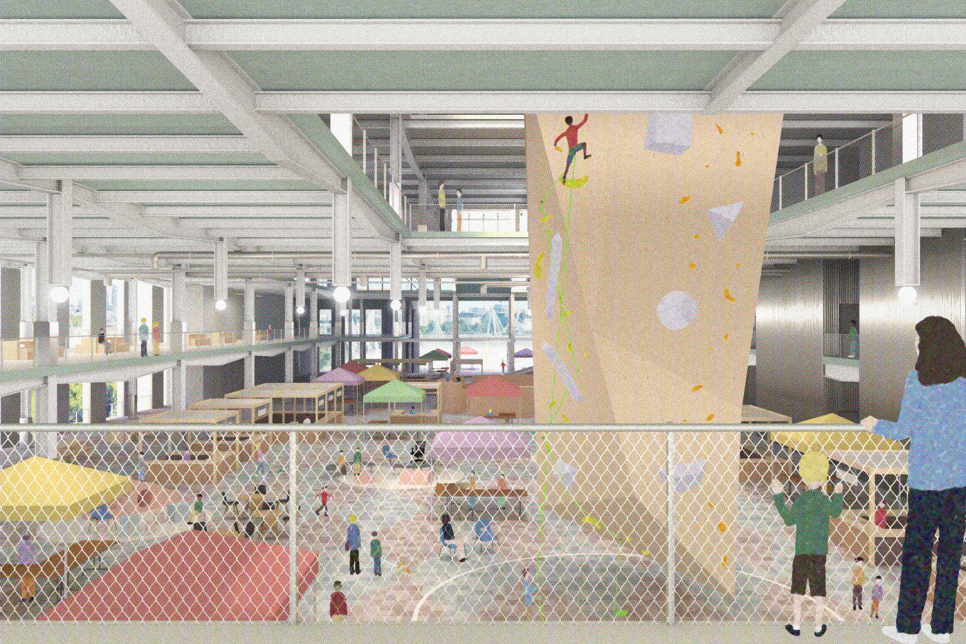 The large mass of the climbing wall descends through the building and floats just above the floor