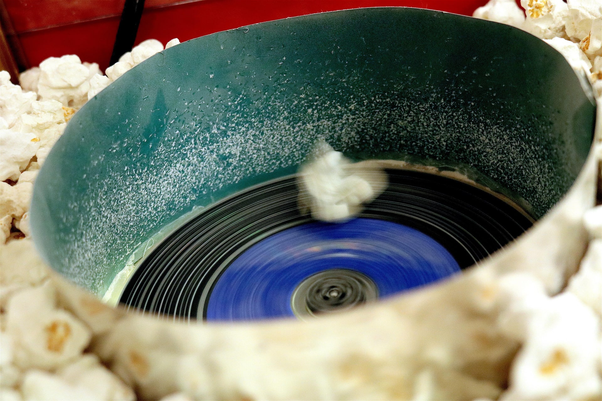 CD Popcorn, Plaster, acrylic paint, CD player, CD with no sound, Aluminum Plate, Found Popcorn cart 