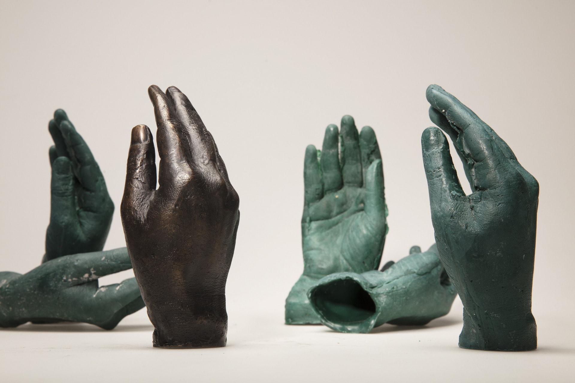 Casts of my hands, 2021, green foundry wax, black patinated bronze, 17cm x 8cm