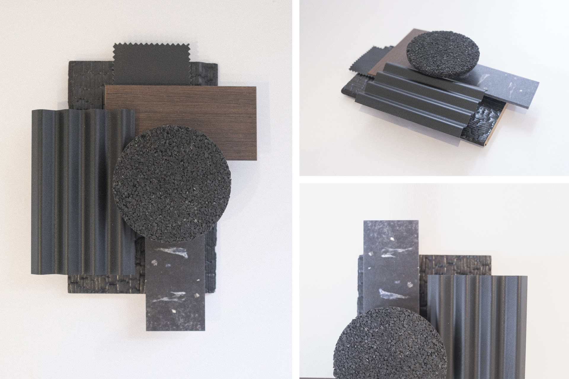 Charred timber, granulated rubber, blackened metal, course grained leather and dark walnut.