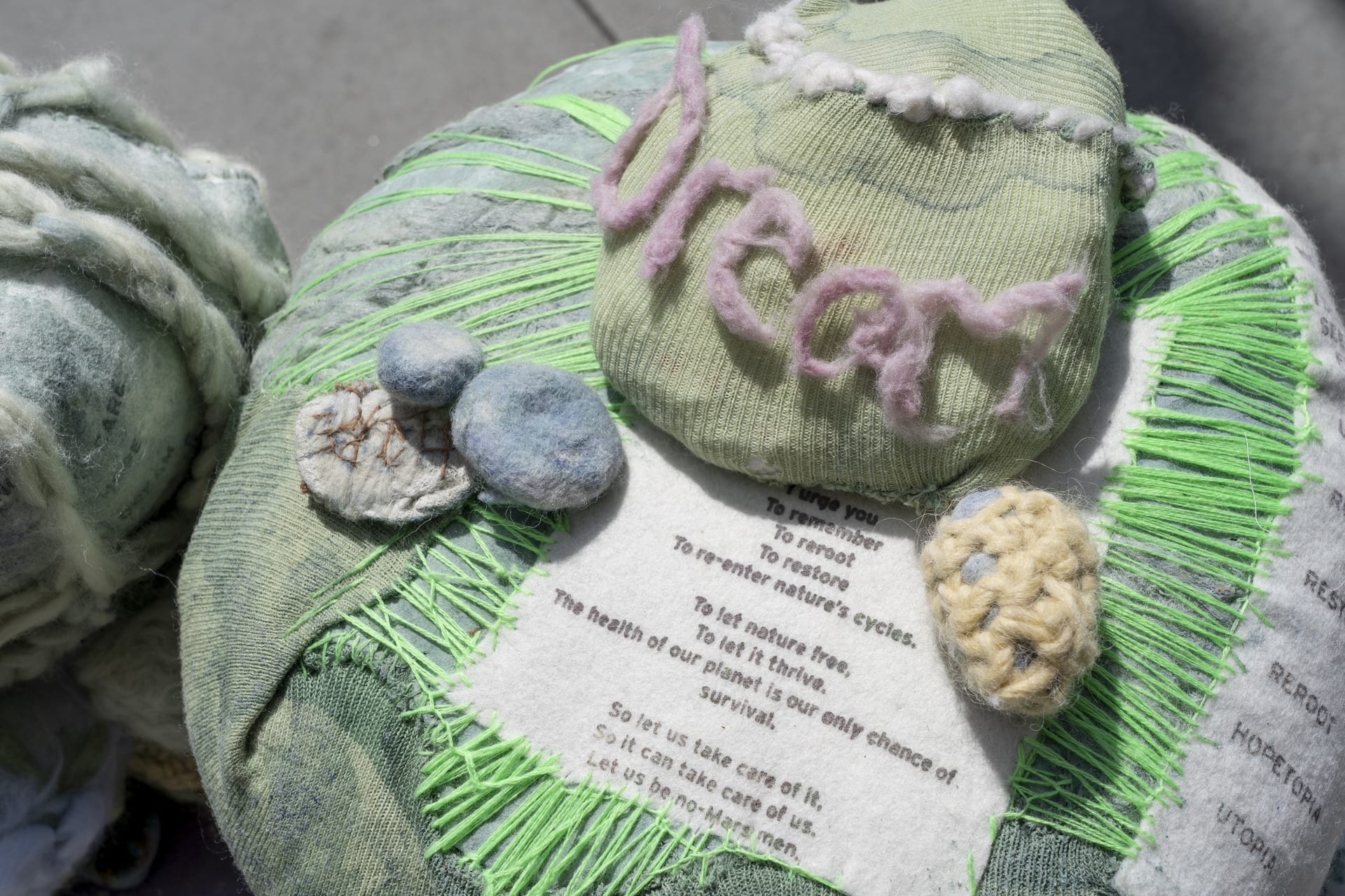 NATURE IS AN ACTIVIST: Dreamstones for the planet , Mixed-Media: Recycled Textiles Waste, Dye, Print, Stitch, Knit, Crochet, Felt