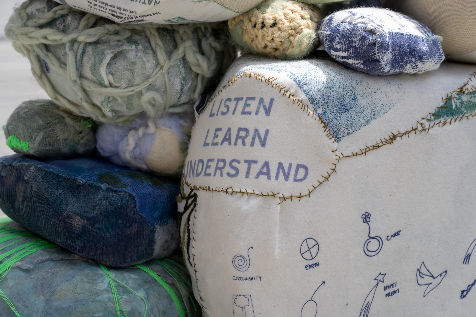 NATURE IS AN ACTIVIST: Dreamstones for the planet , Mixed-Media: Recycled Textiles Waste, Dye, Print, Stitch, Knit, Crochet, Felt