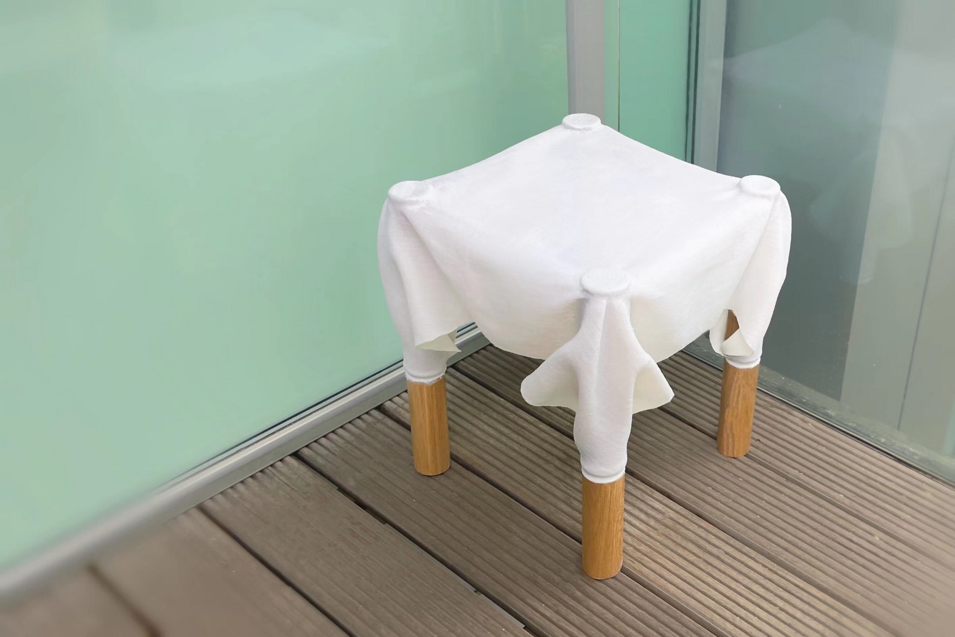 Standing Linen, PLA soaked linen; Oak wood